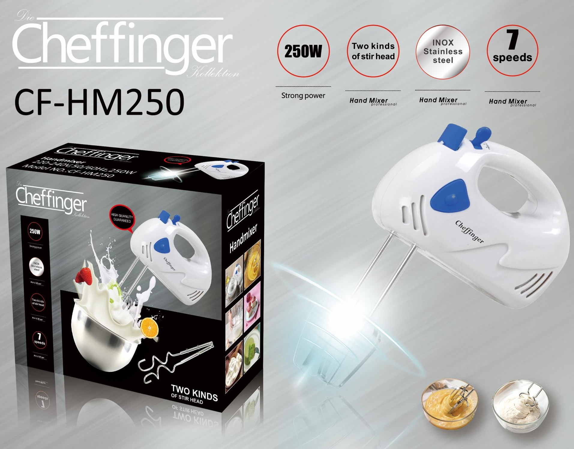 Weißer und blauer elektrischer Handmixer mit der Box, Nahaufnahme.