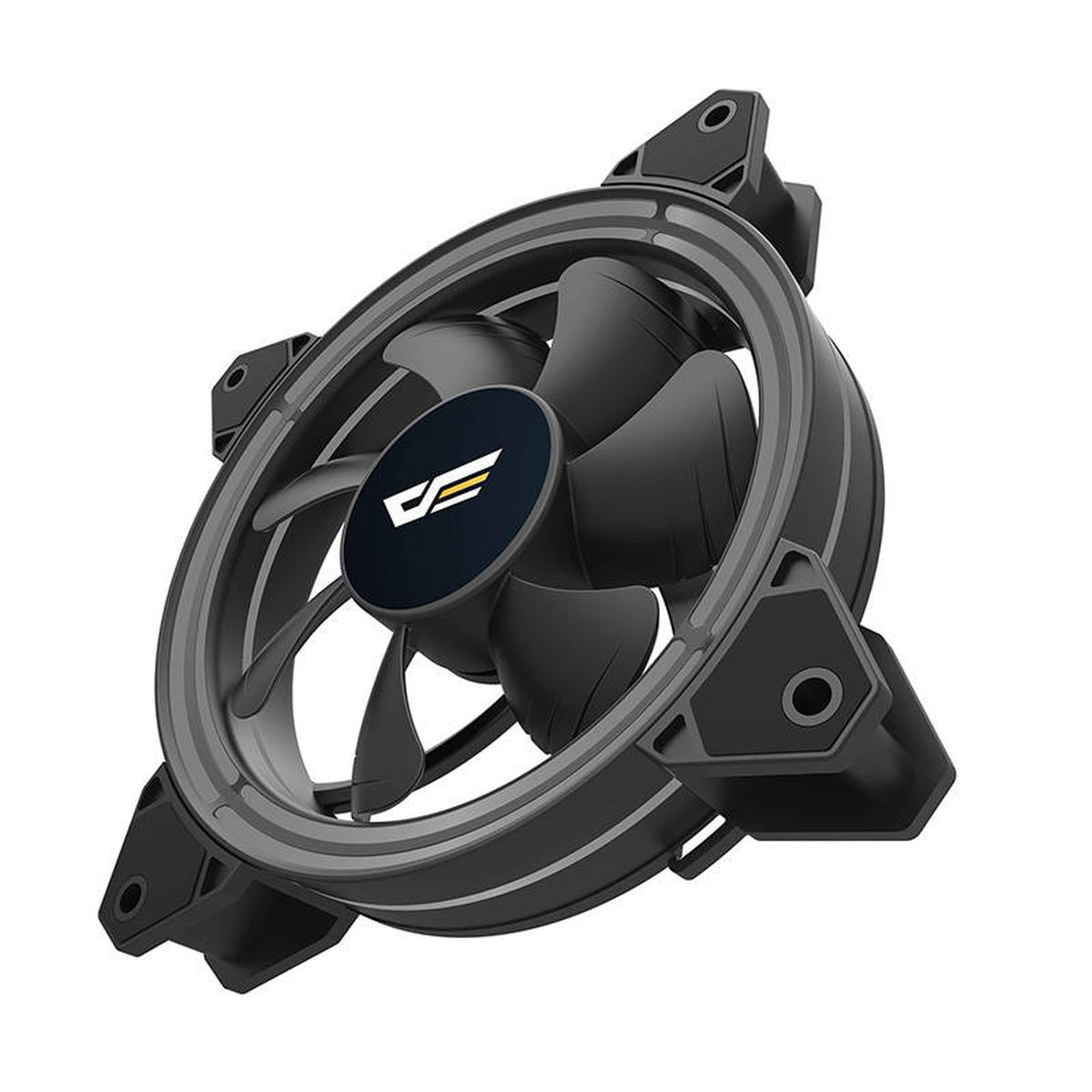 Schwarzer Computerlüfter mit Ring und schwarzen Lüfterblättern mit Logo.