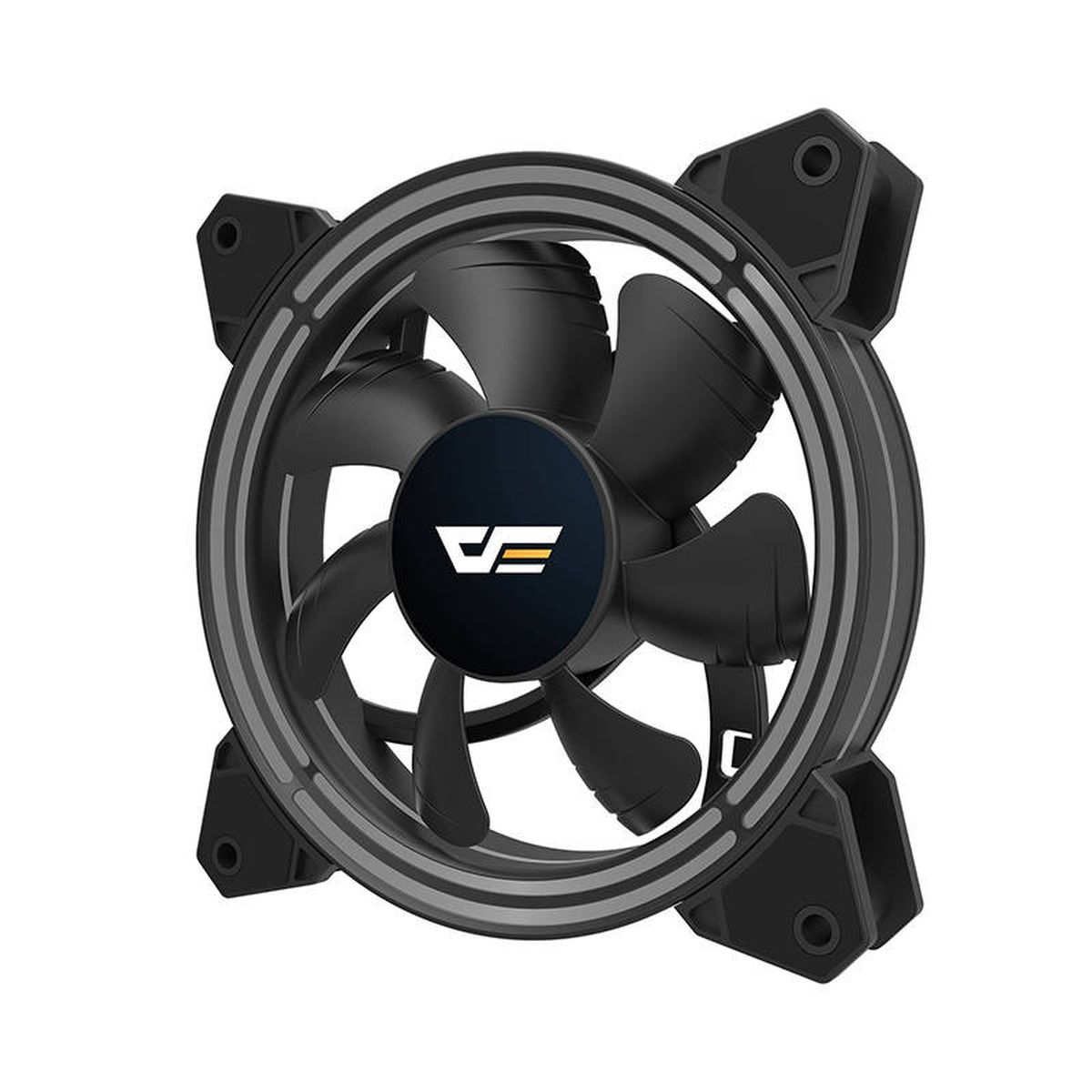 Ein schwarzer Computerlüfter mit fünf Flügeln. Der Lüfter hat ein Logo in der Mitte.