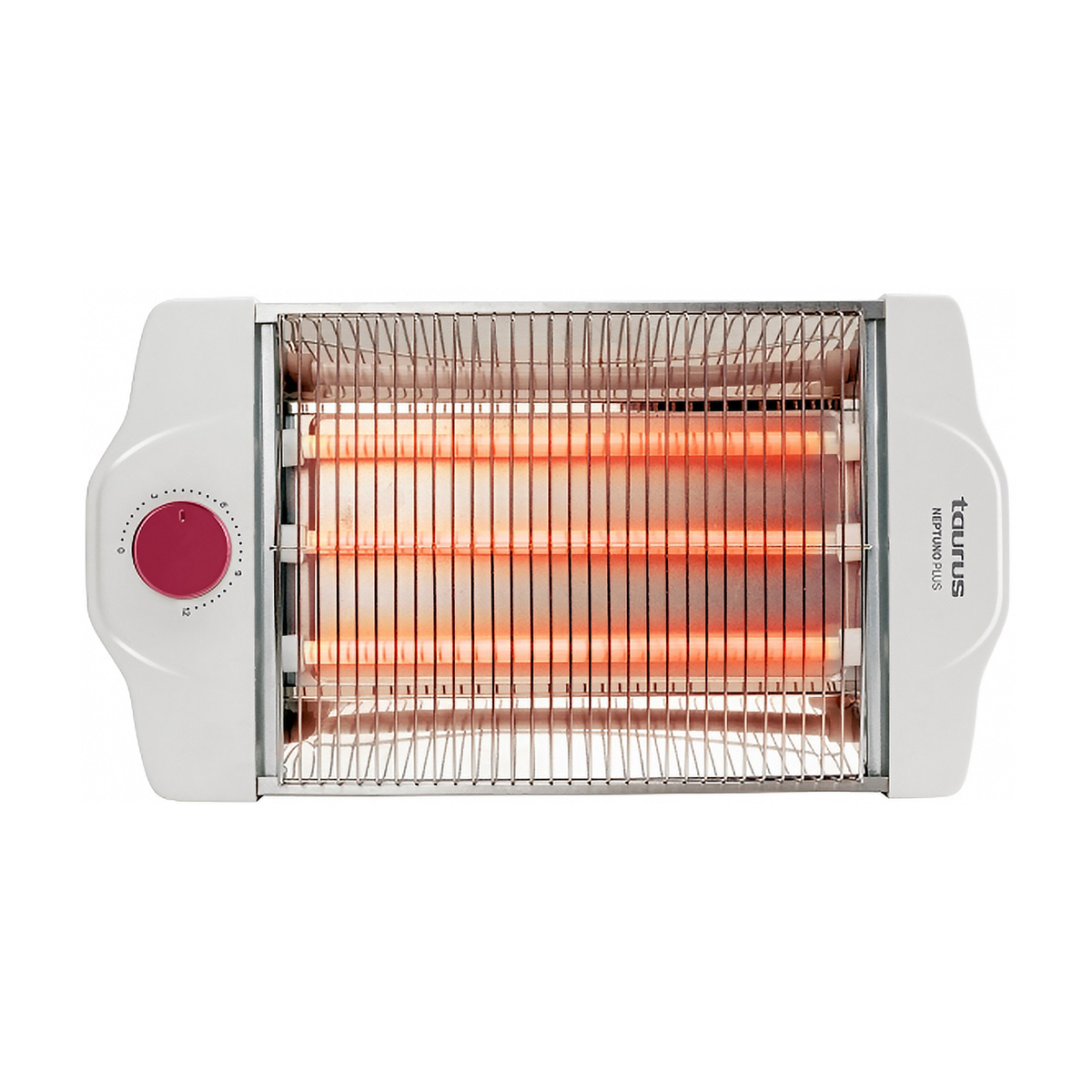 Biały grzejnik elektryczny z odsłoniętymi elementami grzewczymi. Czerwone, świecące elementy i pokrętło po lewej.