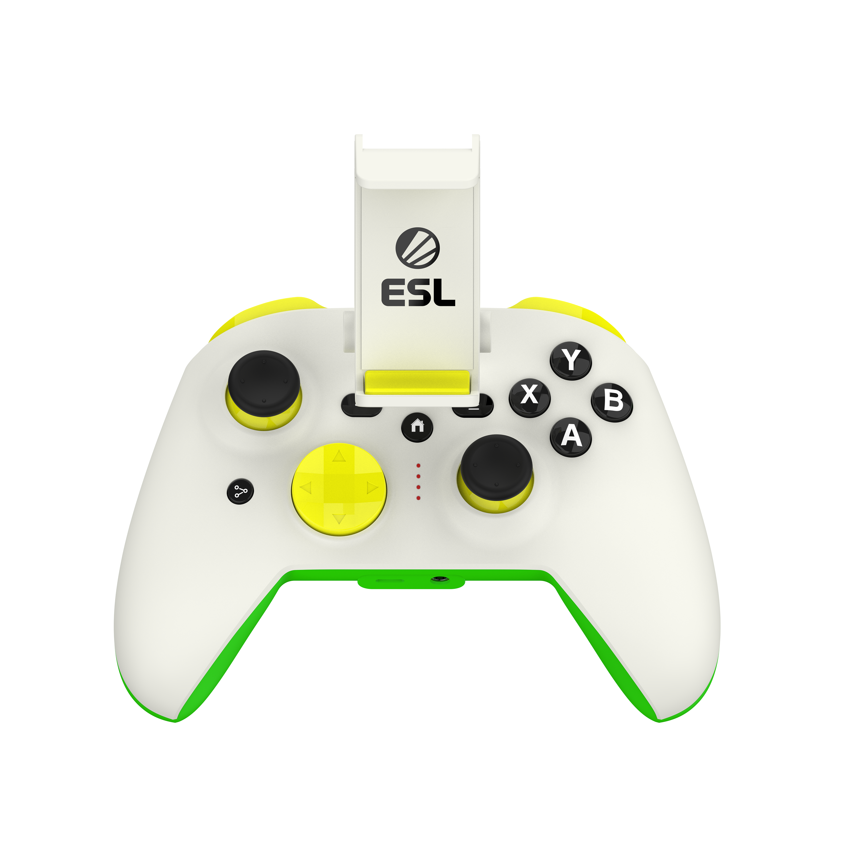 Weiß-gelbes Gamepad mit Telefonhalter und ESL-Logo auf schwarzem Hintergrund.
