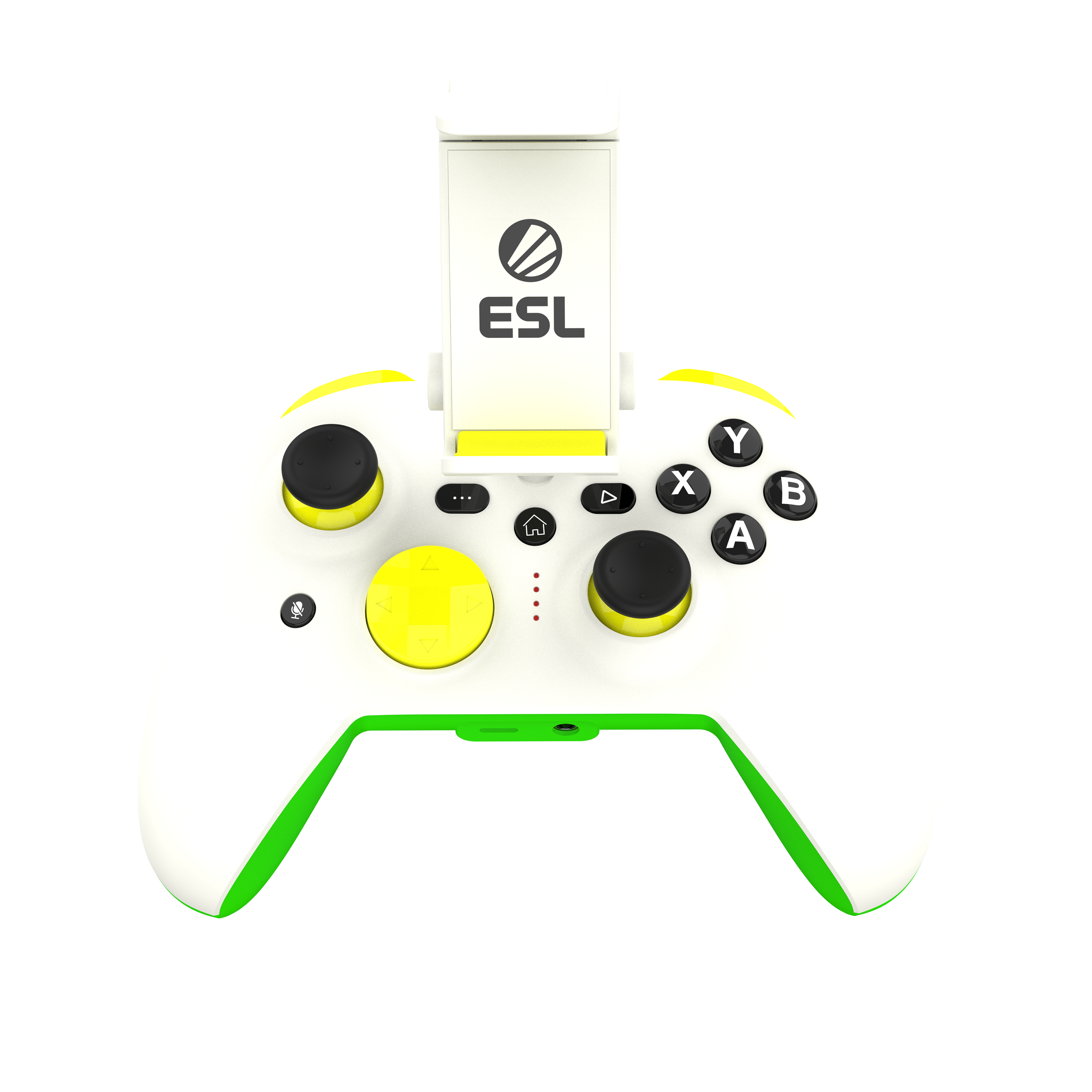 Weiß-gelber Gamecontroller mit schwarzen Knöpfen und Handyhalter. Grüne Akzente auf schwarzem Hintergrund.