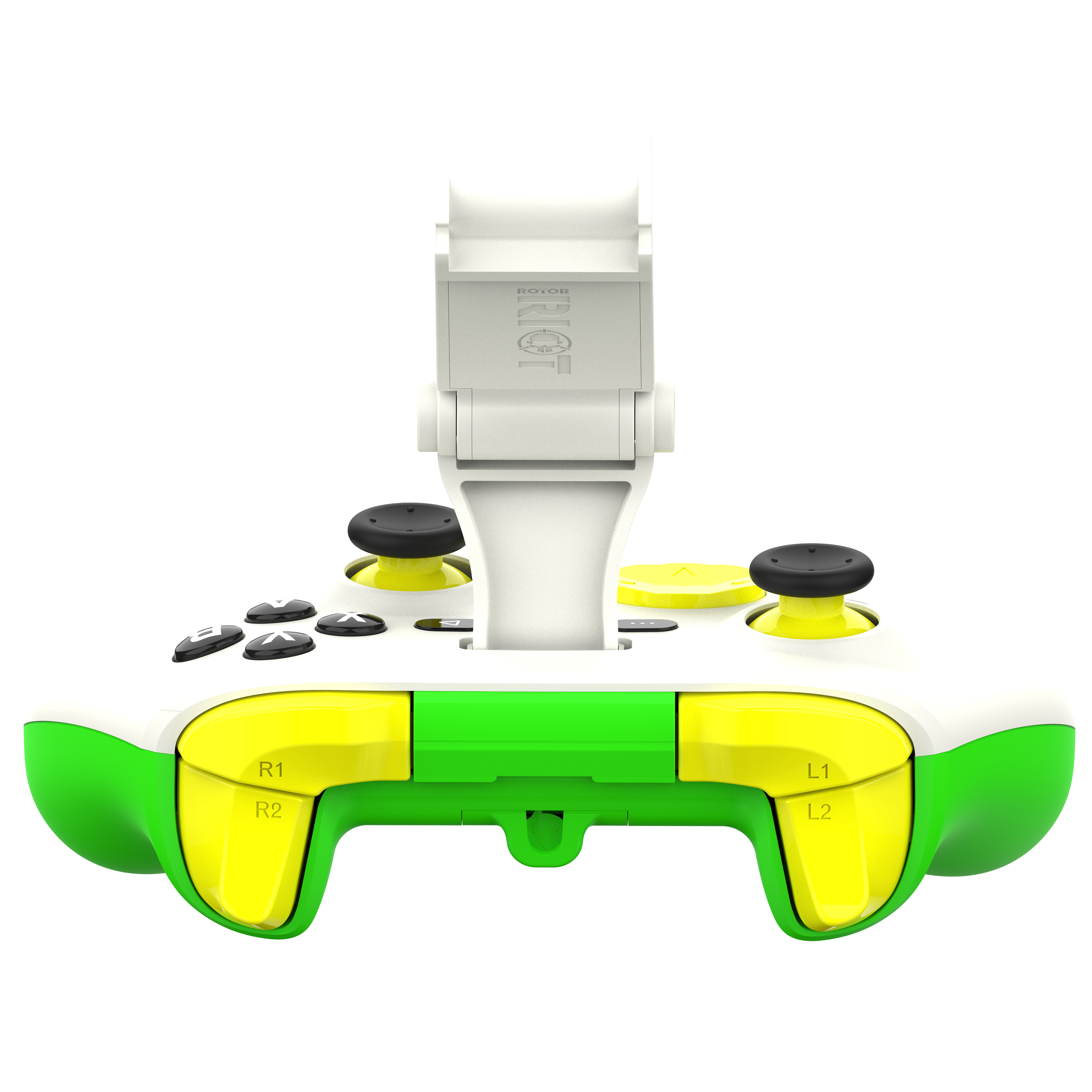 Ein weiß-grüner Gamecontroller mit Handyhalterung. Er hat Knöpfe, Joysticks und Trigger.