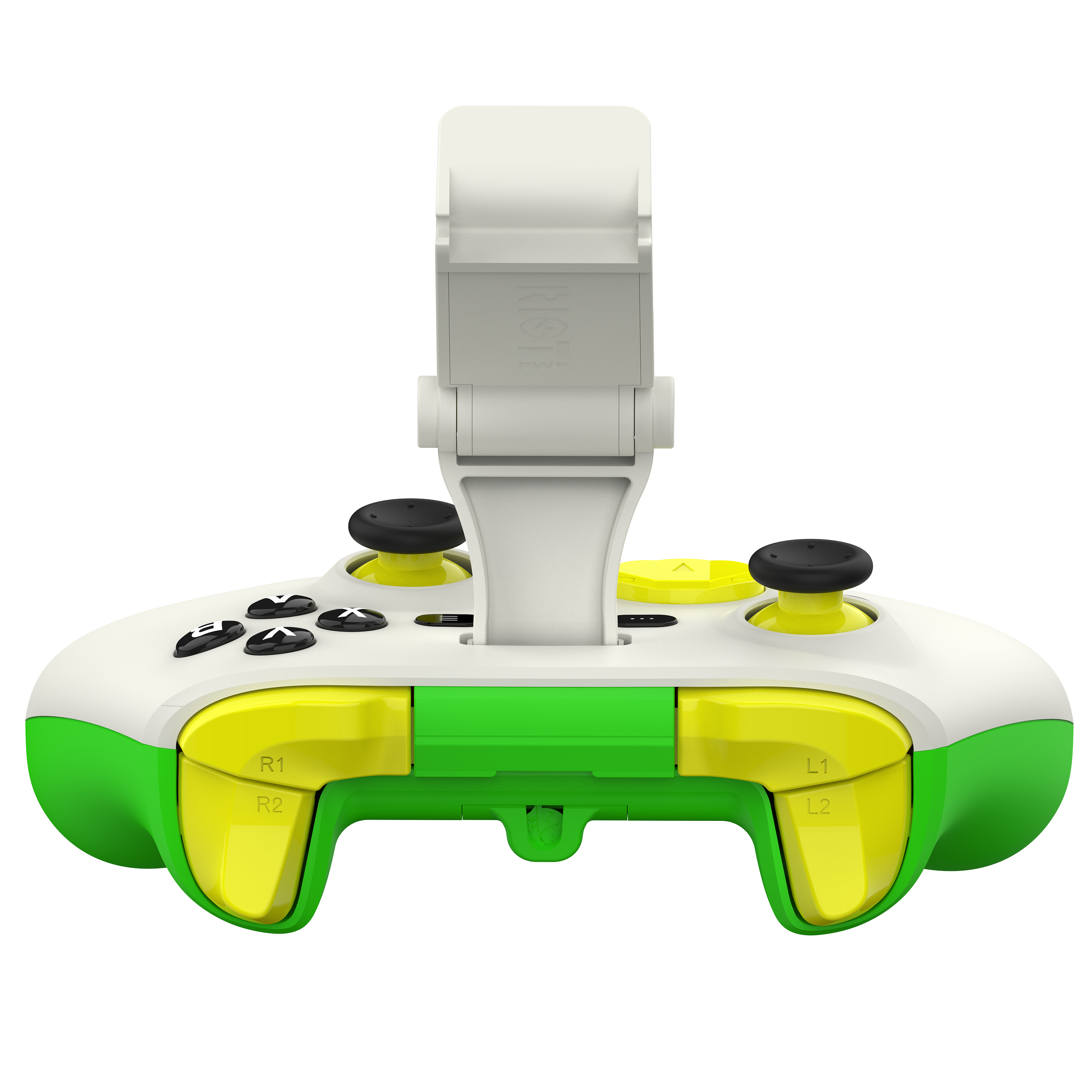 Weiß-grüner Gamecontroller mit Telefonhalterung auf schwarzem Hintergrund.