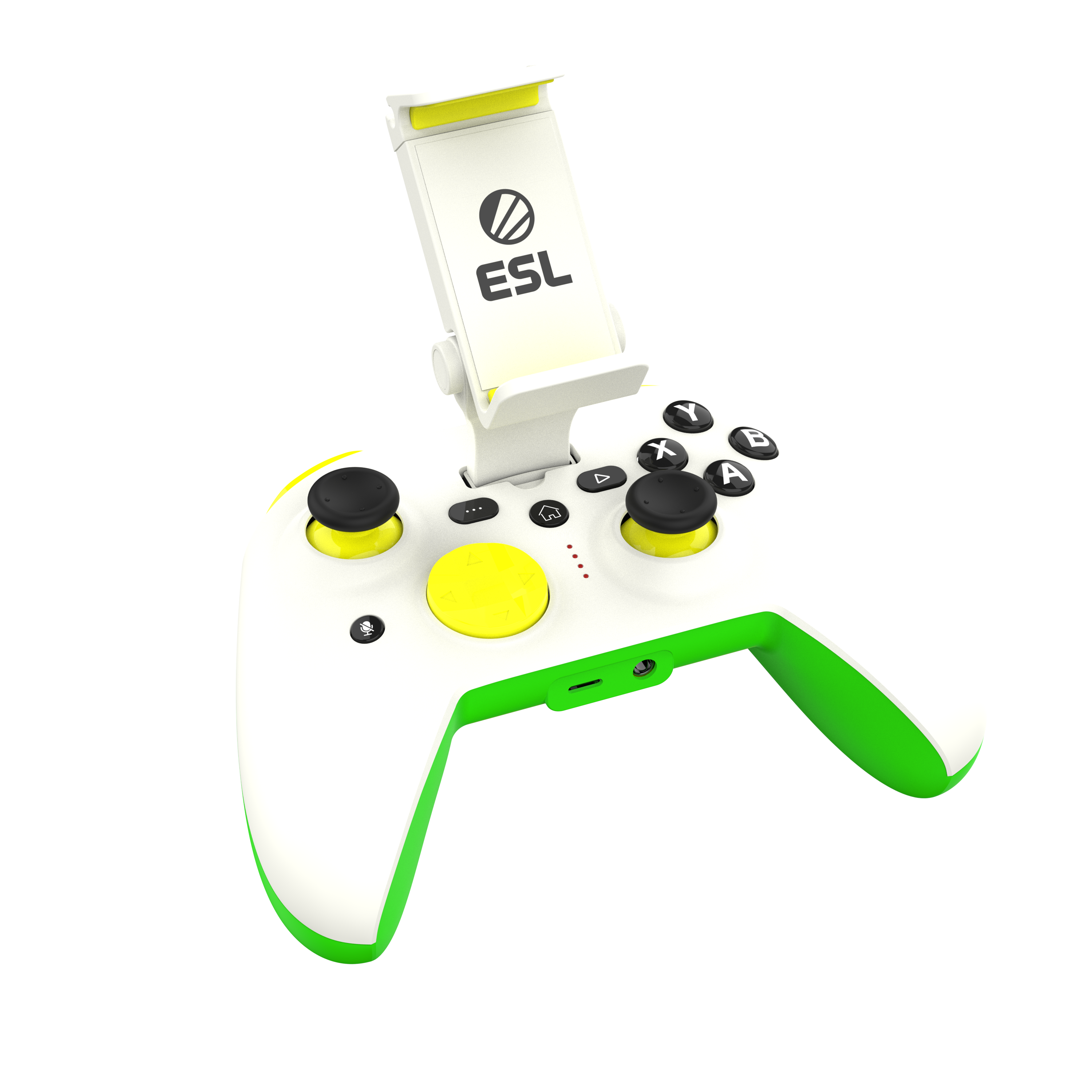 Ein weiß-grüner Gamecontroller mit Telefonhalter, Knöpfen und Joysticks.