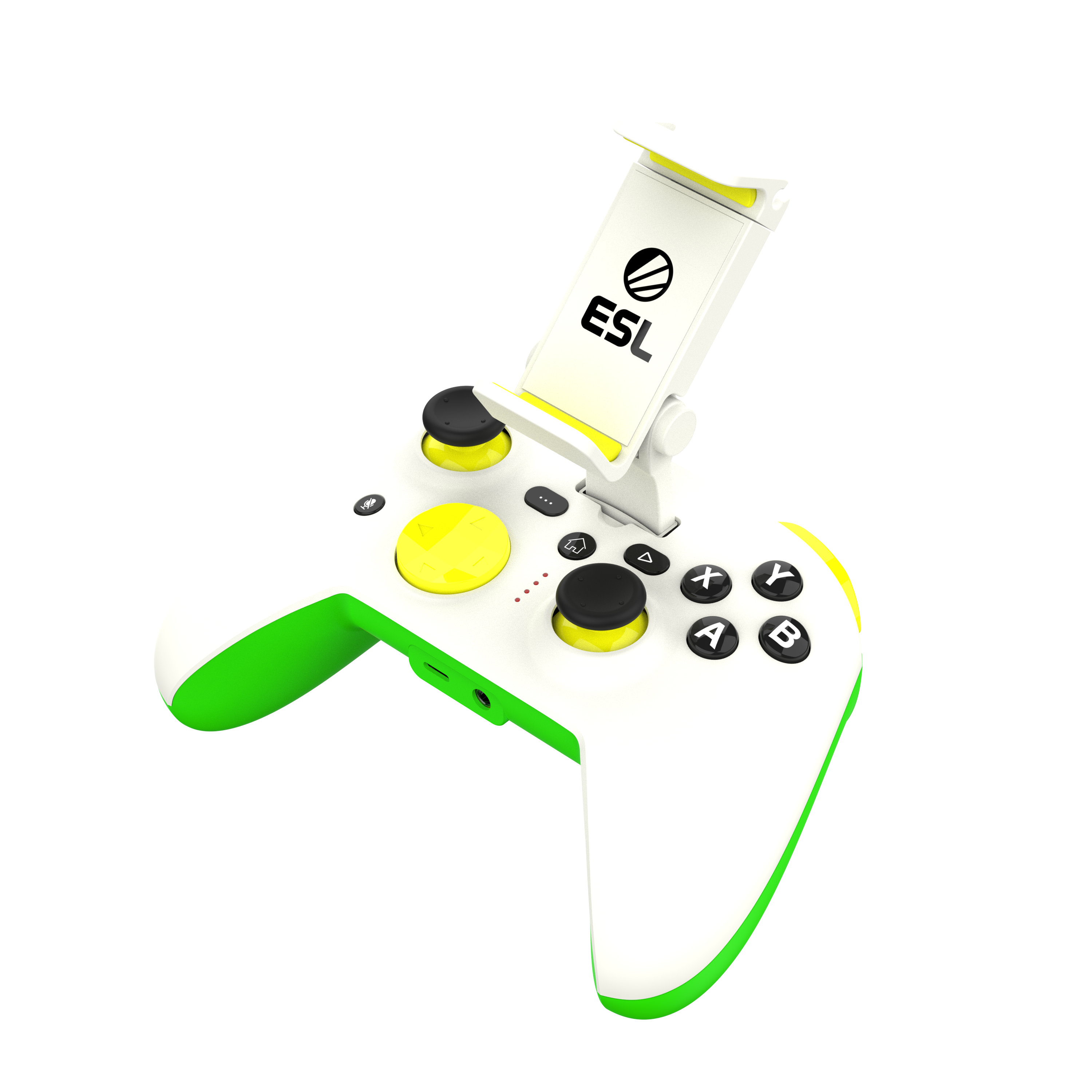 Ein weiß-grüner Gamecontroller mit Telefonhalter. Der Halter zeigt das 'ESL'-Logo.