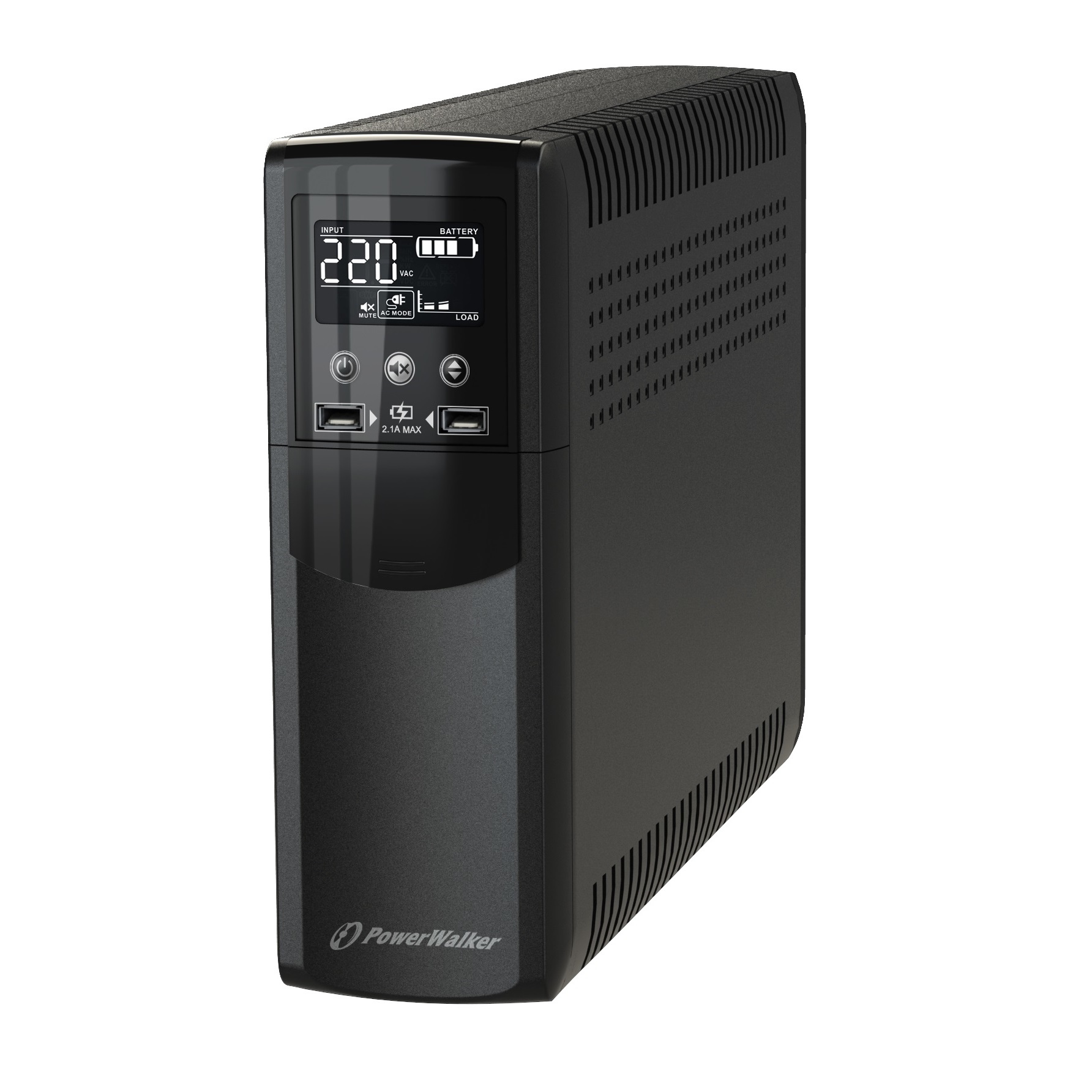 Schwarze PowerWalker USV mit Digitalanzeige für Eingangs- und Batteriestatus.