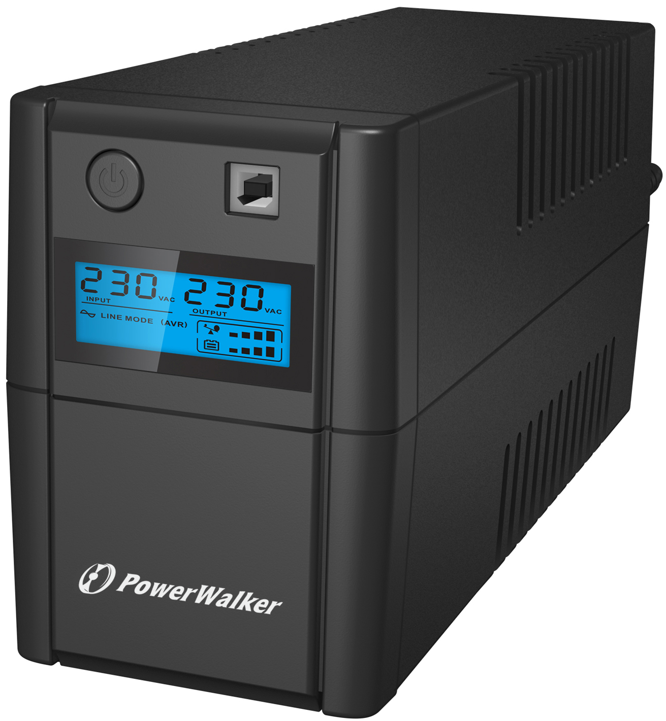 Schwarze PowerWalker USV mit Display, das Eingangs-/Ausgangsspannung und Batteriestatus anzeigt. Dunkler Hintergrund.