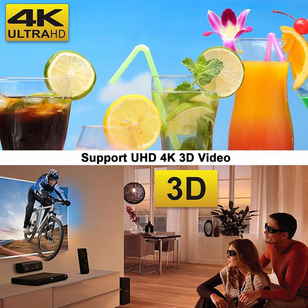 Obraz przedstawia wideo 4K UHD. Napoje są z przodu. W tle ludzie oglądają wideo 3D.