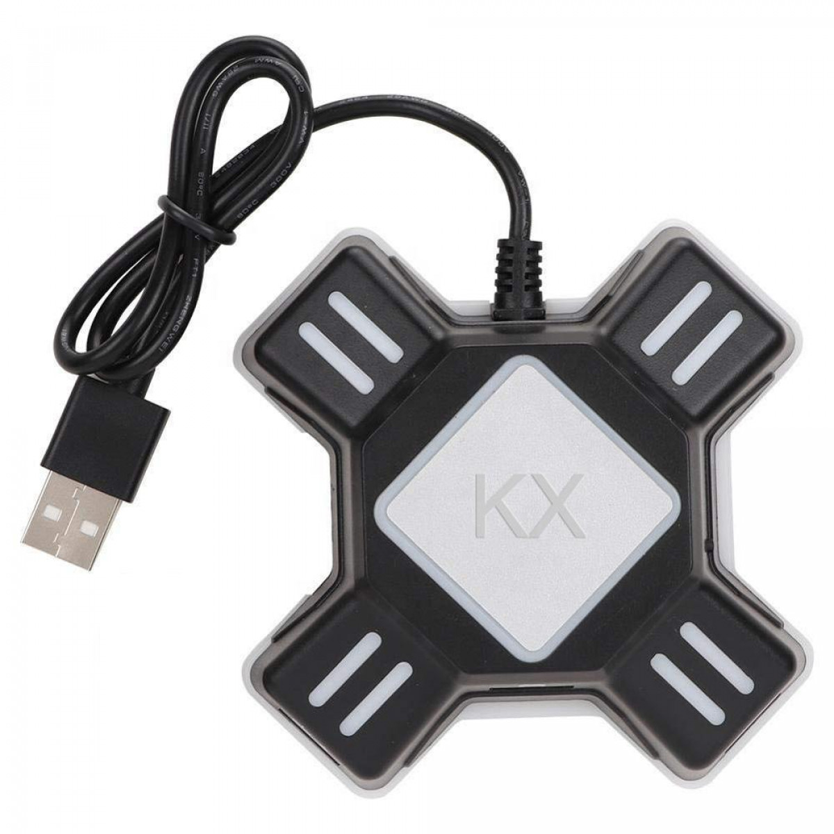 Zwarte en grijze KX USB-hub. Heeft 4 poorten, USB-kabel en wit centrum met 'KX' logo.