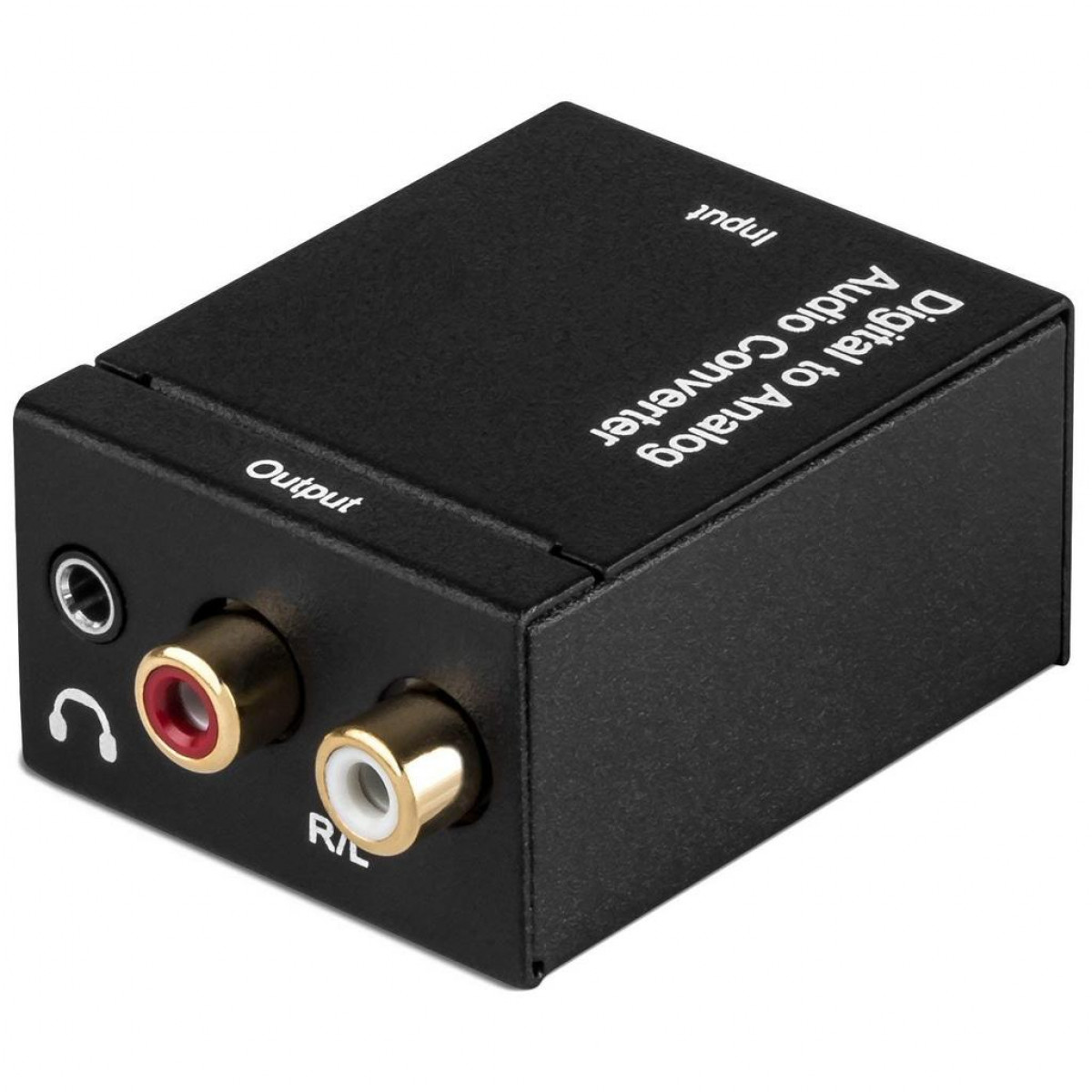 Schwarzer digitaler Audio-Konverter. Hat Eingangs- und Ausgangsanschlüsse für Audioverbindungen.
