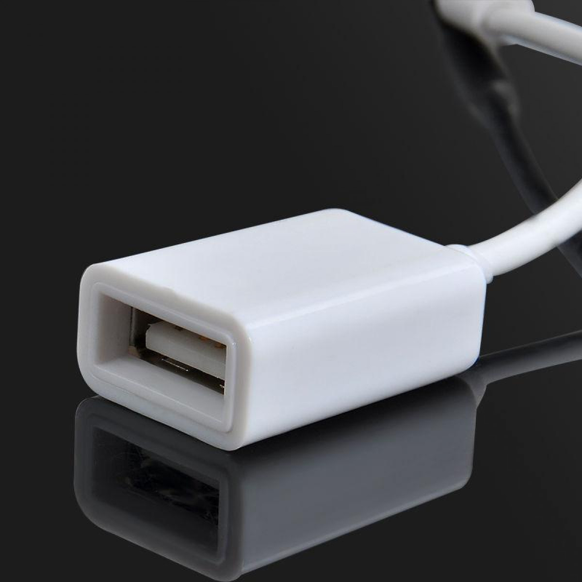 Nahaufnahme eines weißen USB-Adapters mit rechteckigem Stecker und schwarzem Hintergrund.