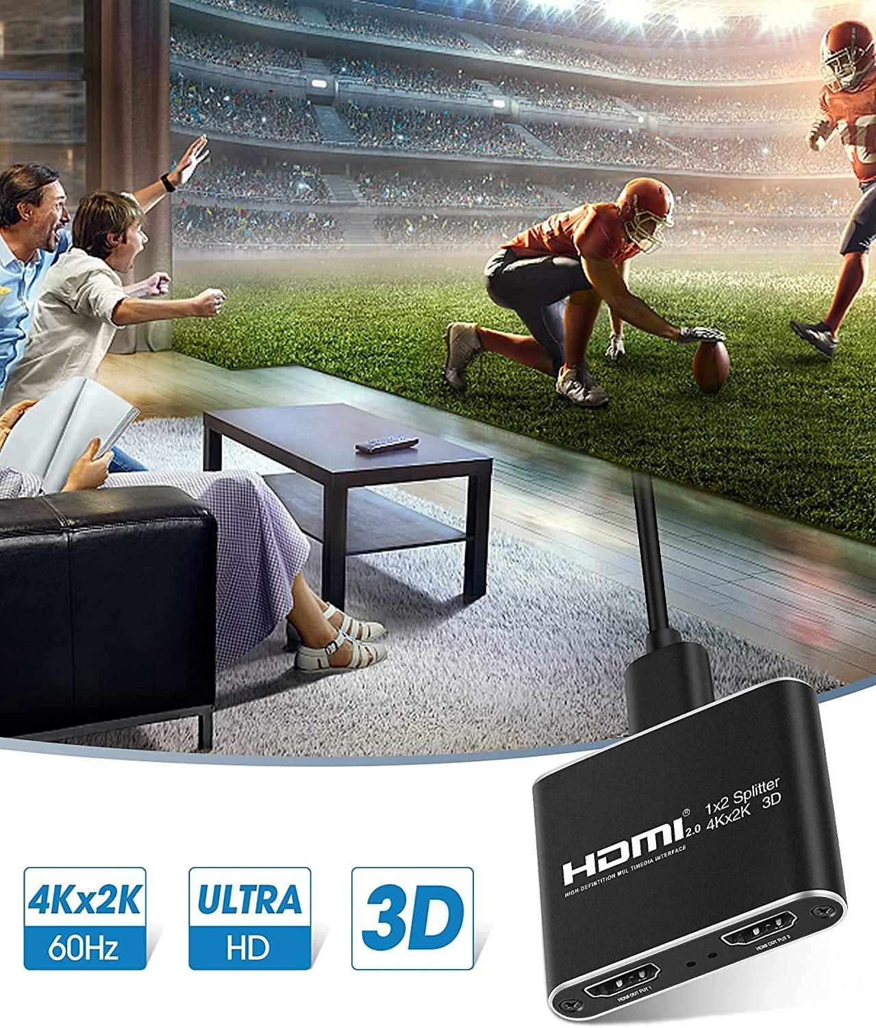 Rozdzielacz HDMI z widoczną sceną gry w tle. Tekst: 4Kx2K 60Hz, Ultra HD, 3D.
