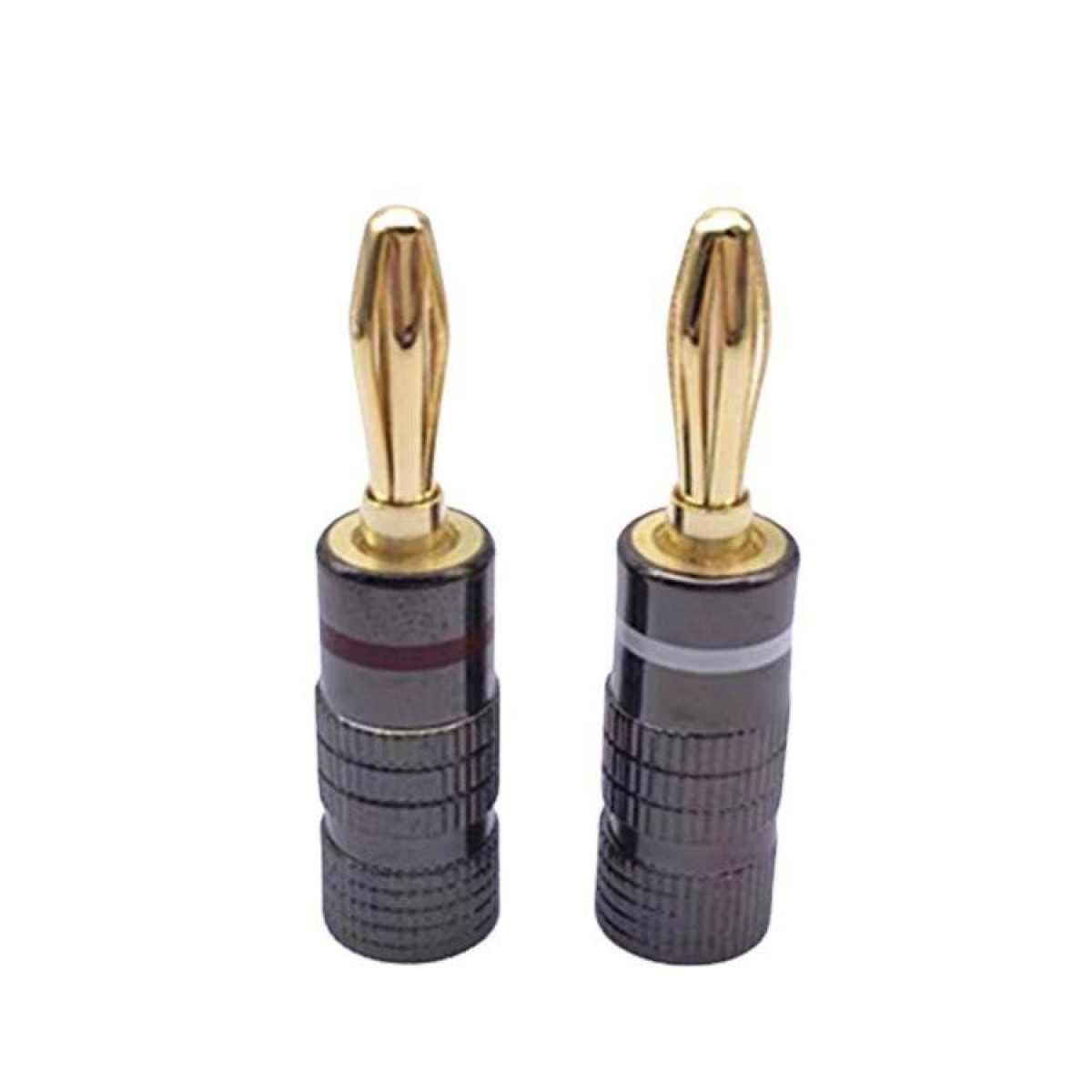 Deux fiches bananes plaquées or pour les connexions audio. Elles ont une bande noire et rouge.