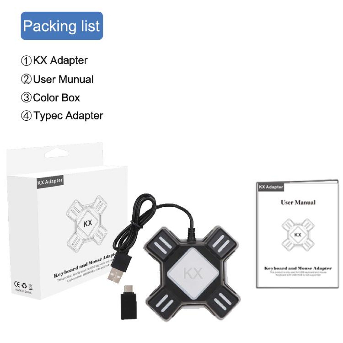 Paklijst: KX-adapter, gebruikershandleiding, kleurenbox en type-c-adapter. Items: doos, adapter, handleiding.
