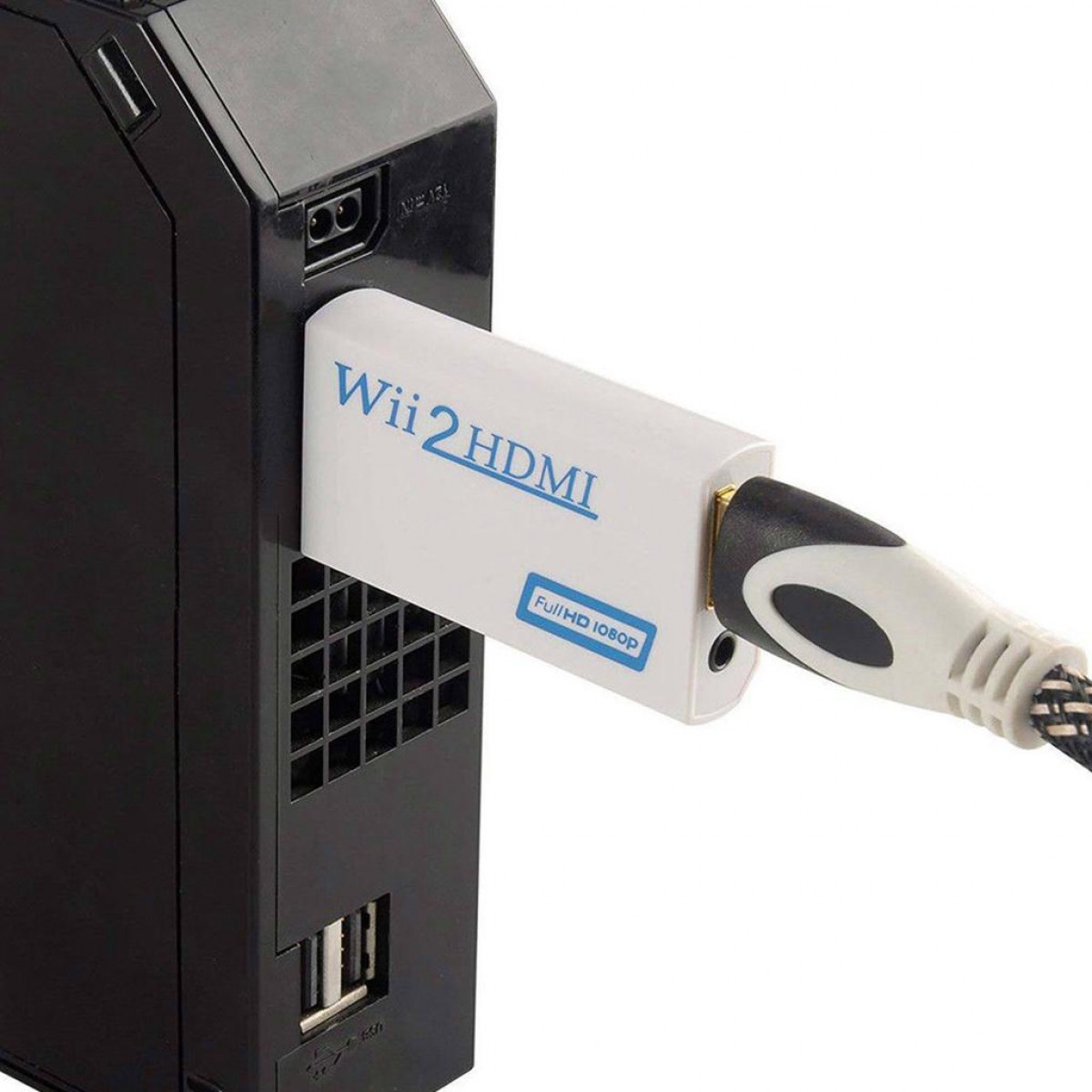 Biały adapter Wii 2 HDMI podłączony do czarnej konsoli do gier z dołączonym kablem.