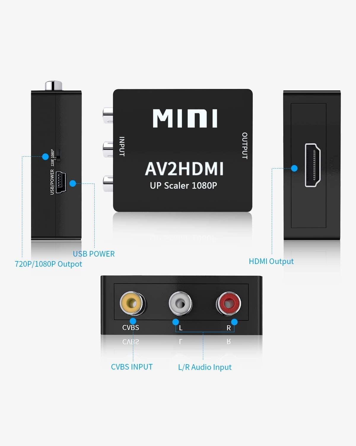 Mini AV2HDMI Upscaler. Anschlüsse: CVBS-Eingang, L/R-Audioeingang, USB-Stromversorgung, HDMI-Ausgang.