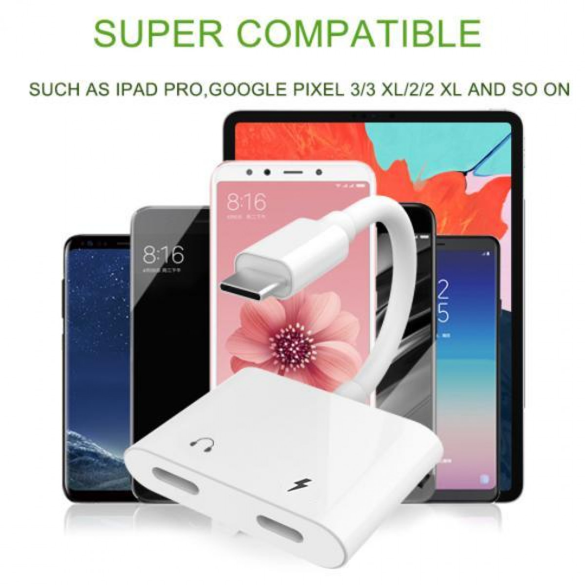 Eine Werbung mit Telefonen und einem weißen Stecker. Text besagt, dass das Produkt mit vielen Geräten kompatibel ist.