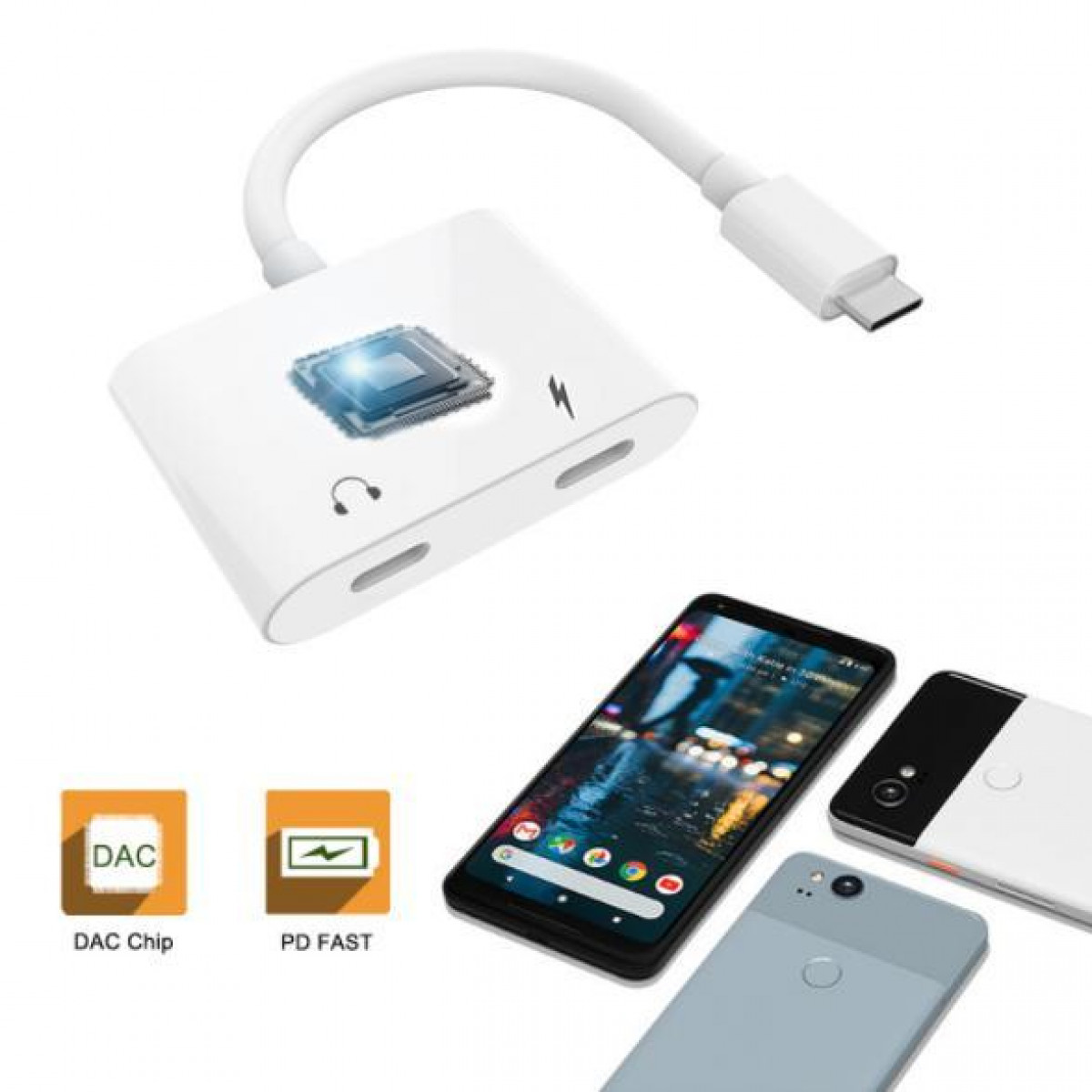 Weißer Adapter mit USB-C, Lade- und Kopfhöreranschlüssen neben Telefonen.