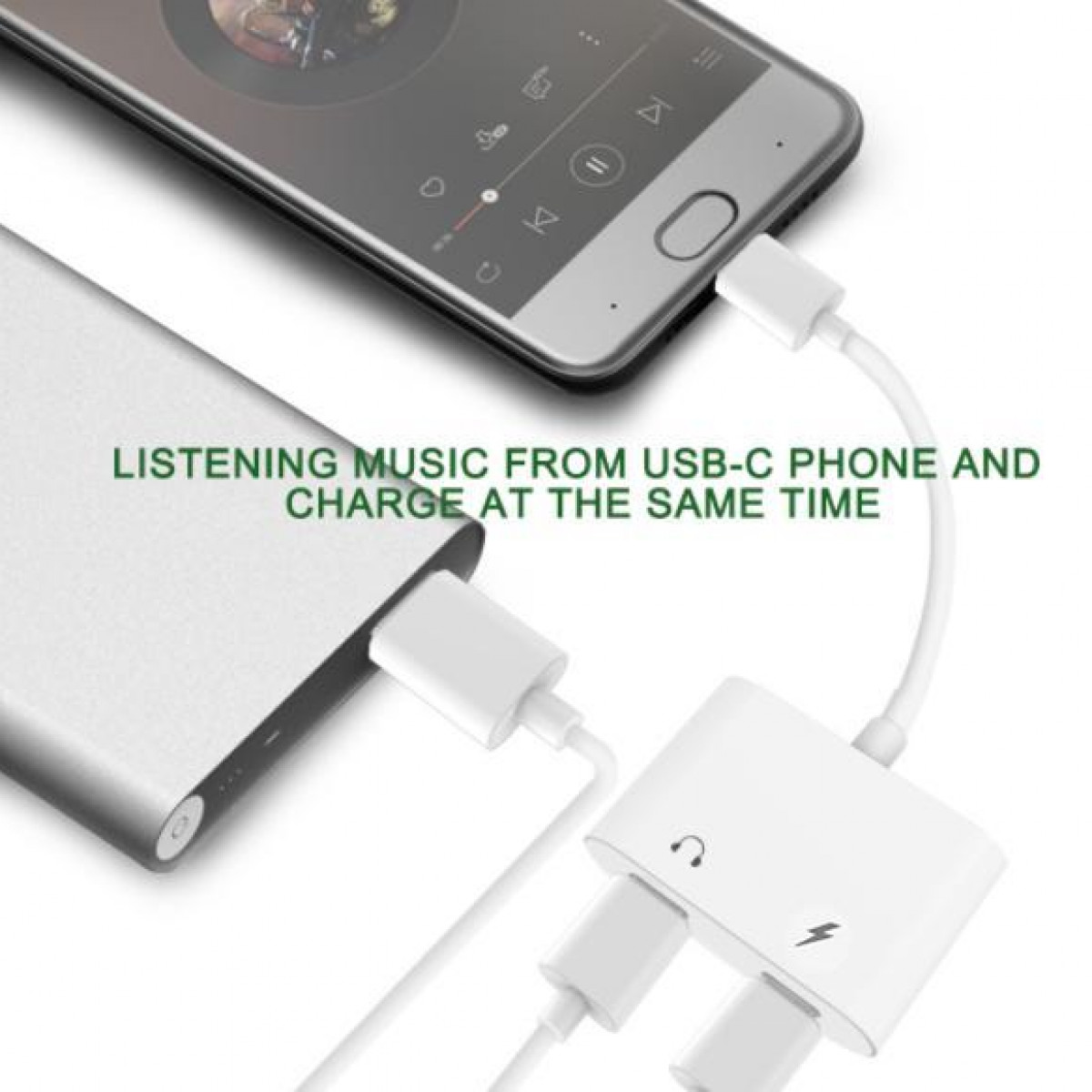 Telefon und Adapter, die mit einer Powerbank verbunden sind. Text: Musik hören und gleichzeitig aufladen.