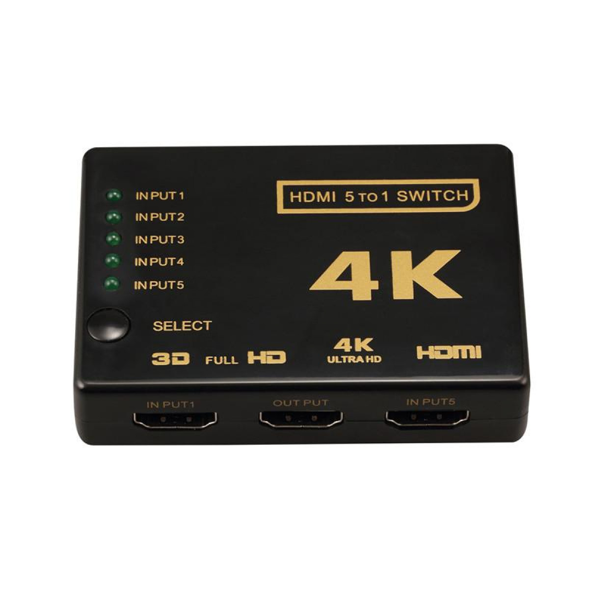 Schwarzer HDMI 5-zu-1-Switch mit 4K- und HDMI-Eingängen, zeigt auch 3D- und Full HD-Funktionen.
