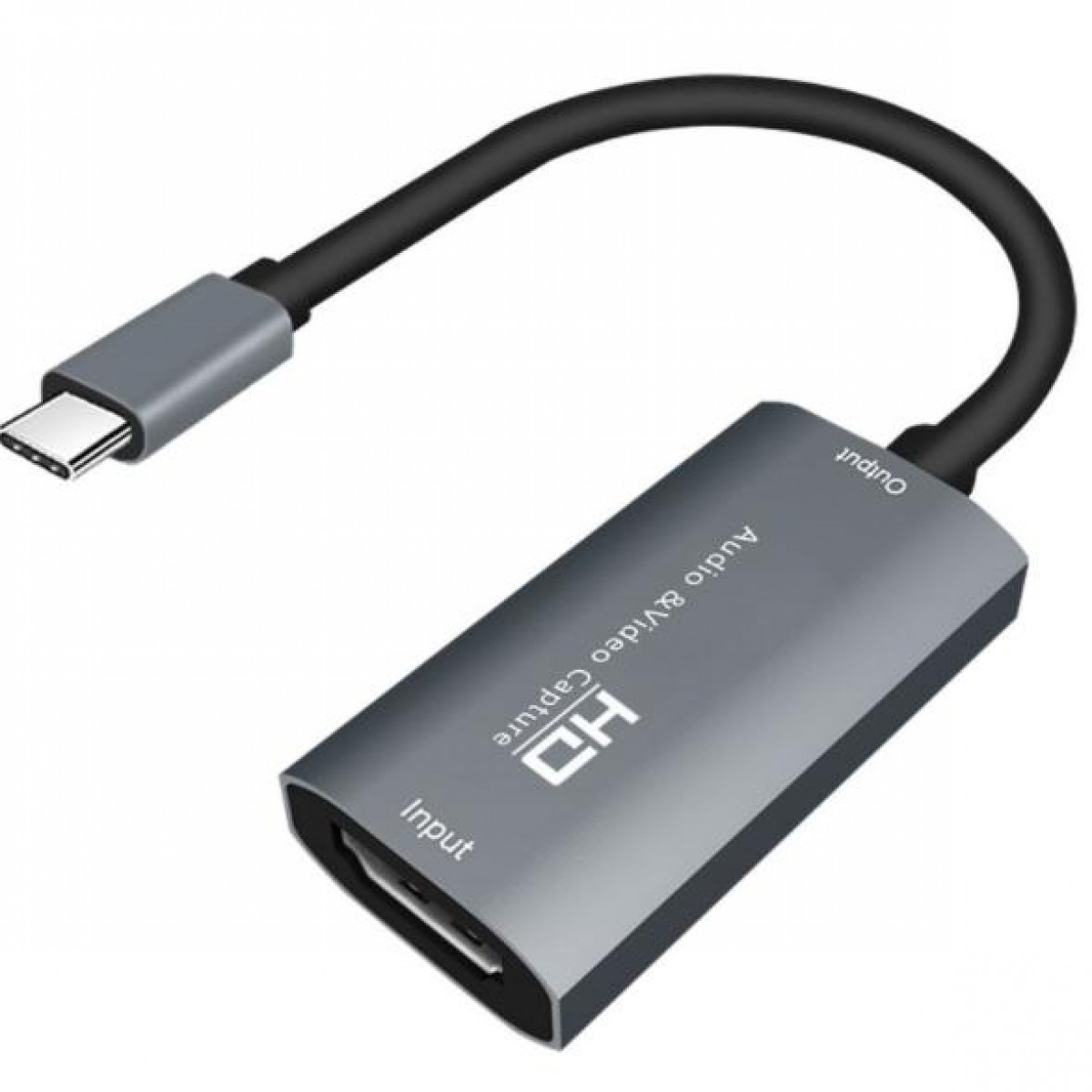 Ein graues Audio- und Videoaufnahmegerät mit USB-C- und HDMI-Kabel.