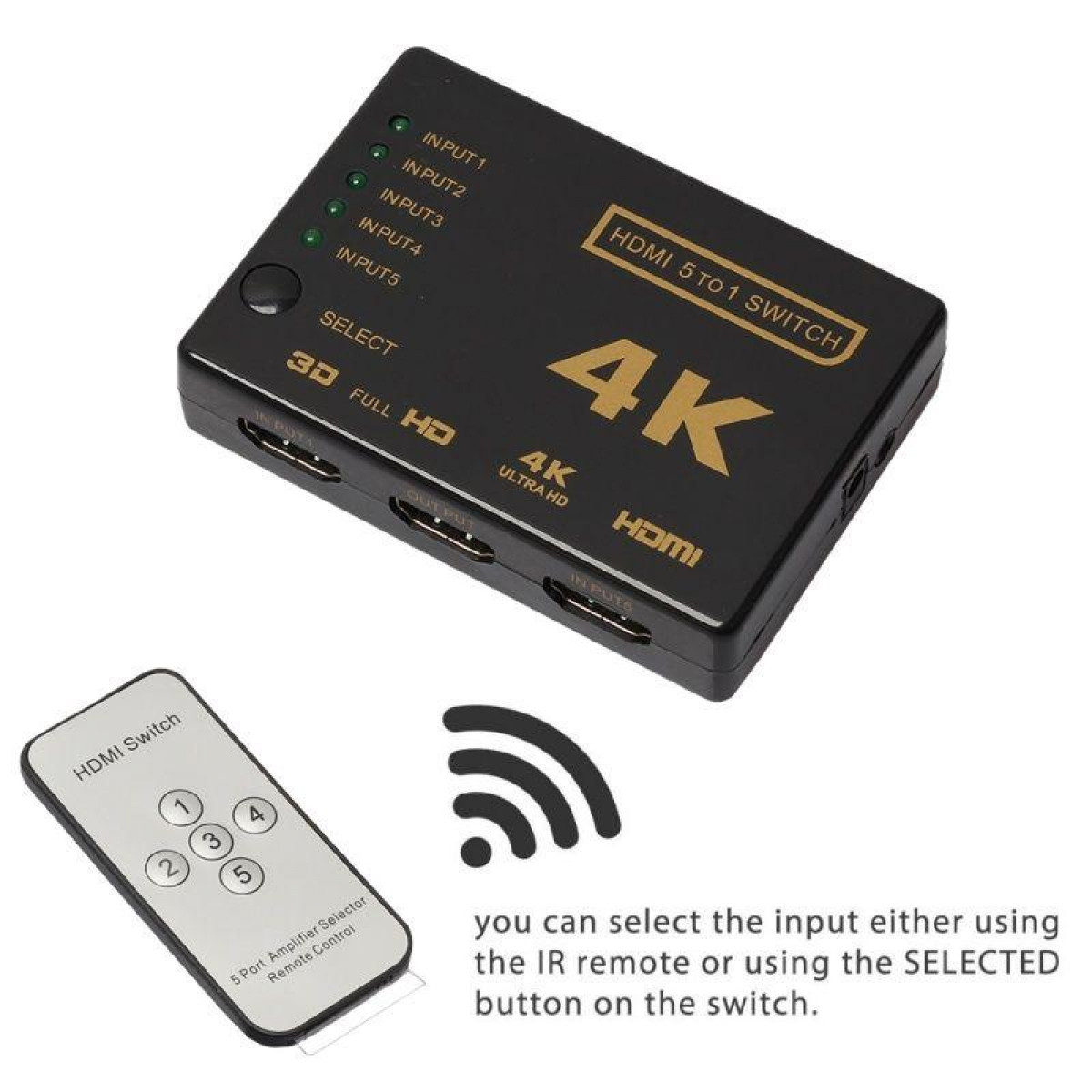 Ein schwarzer HDMI 5-zu-1-Umschalter mit Fernbedienung und Text, der Anschlüsse und eine Fernbedienung zeigt.
