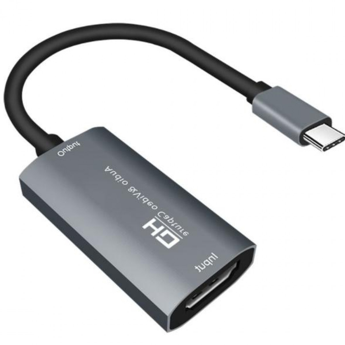 Grauer USB-C-zu-HDMI-Adapter mit schwarzem Kabel. Der Adapter hat einen HDMI-Anschluss und einen USB-C-Anschluss.