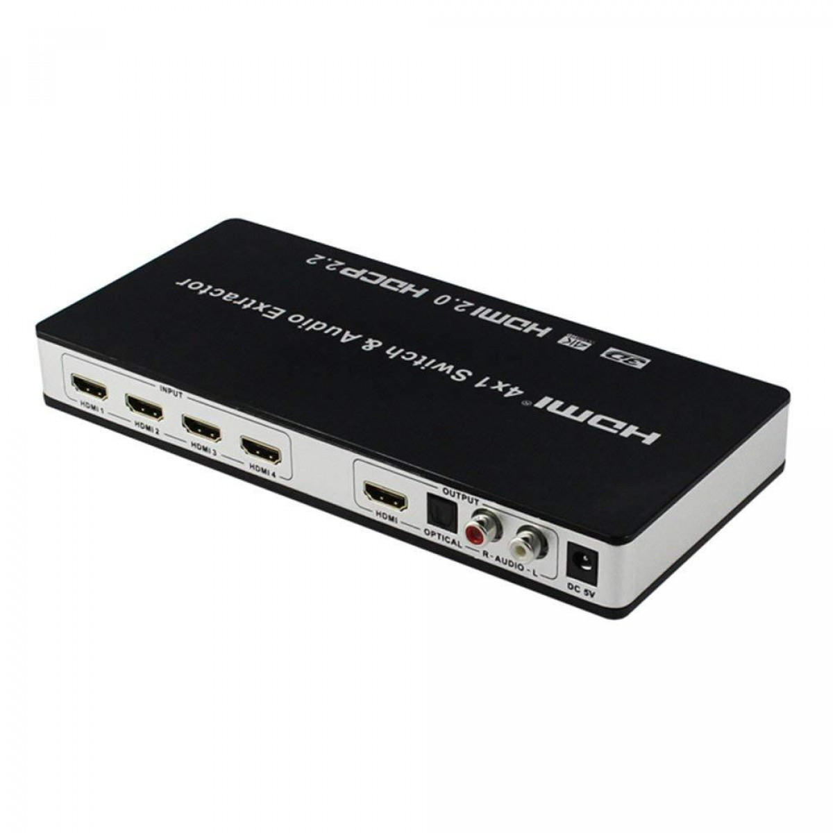 Commutateur HDMI noir avec plusieurs ports d'entrée et de sortie.