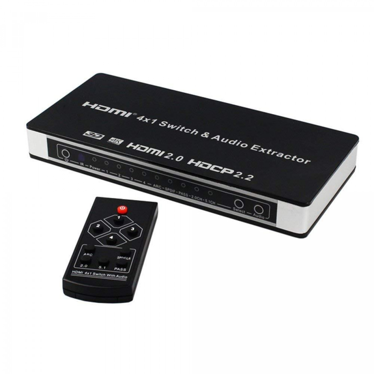 HDMI-switch en audio-extractor met een afstandsbediening. Zwarte behuizing en witte achtergrond.