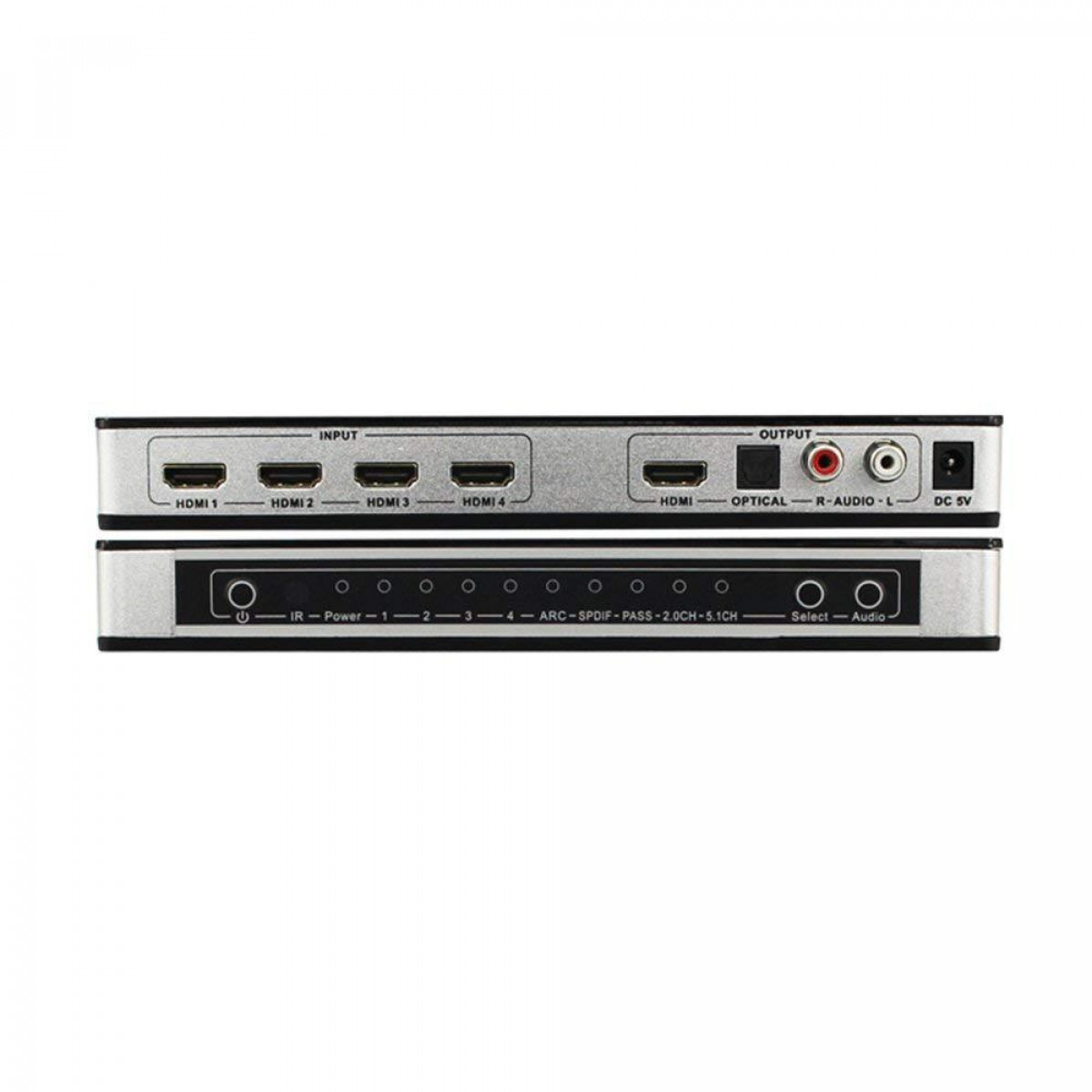 Zwarte en zilveren HDMI-switch met 4 ingangen, 2 uitgangen en diverse poorten. De bovenkant heeft ingangspoorten.
