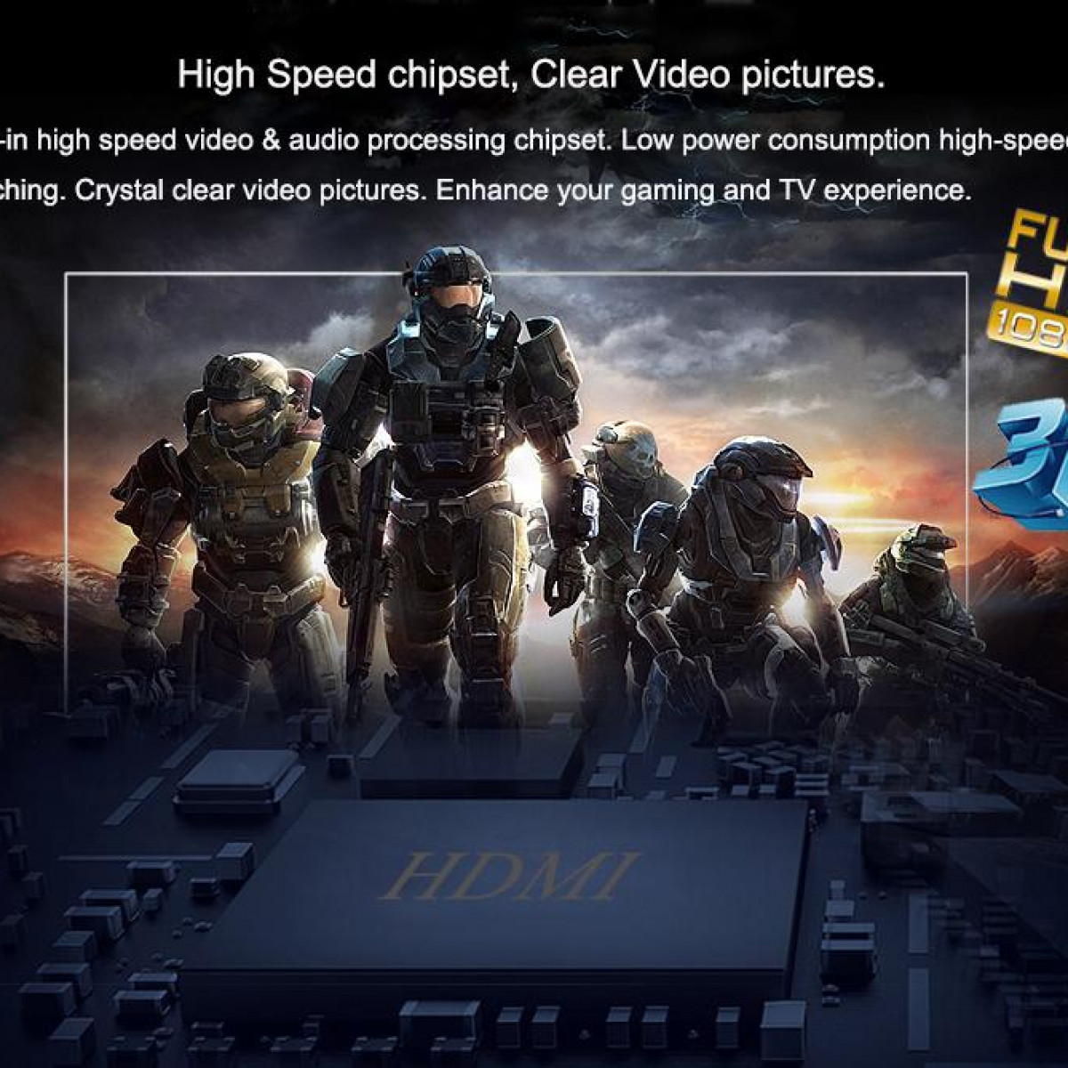 Afbeelding van soldaten in futuristisch harnas, met HDMI-logo op de voorgrond. De achtergrond toont een berg.