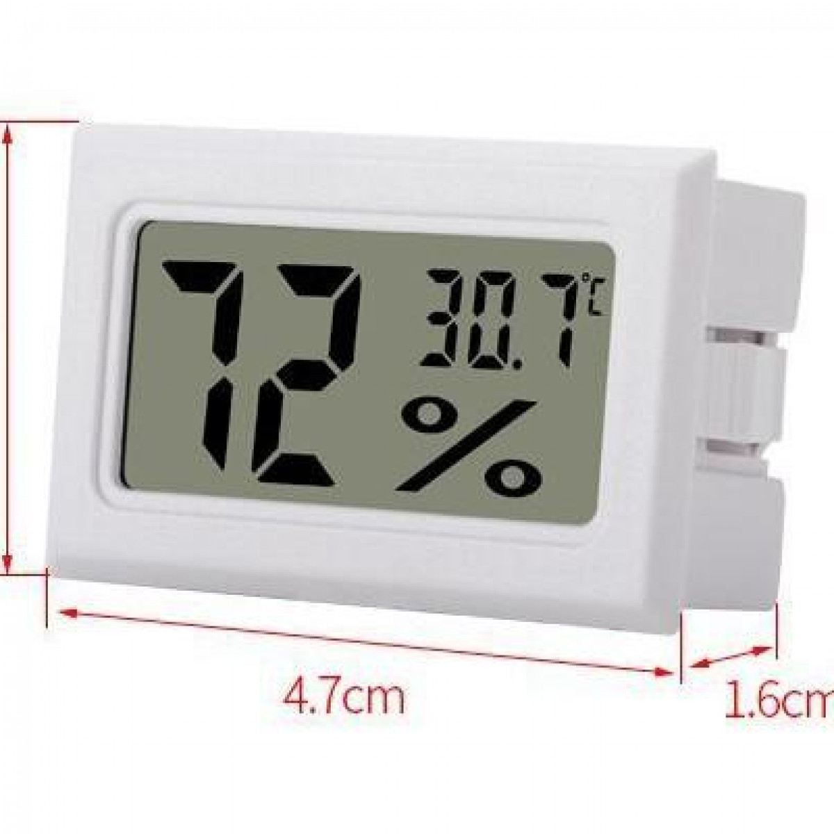 Digitales Thermometer mit großen Zahlen, zeigt 72%, 30,7°C. Das Gerät ist weiß, mit Maßangaben.