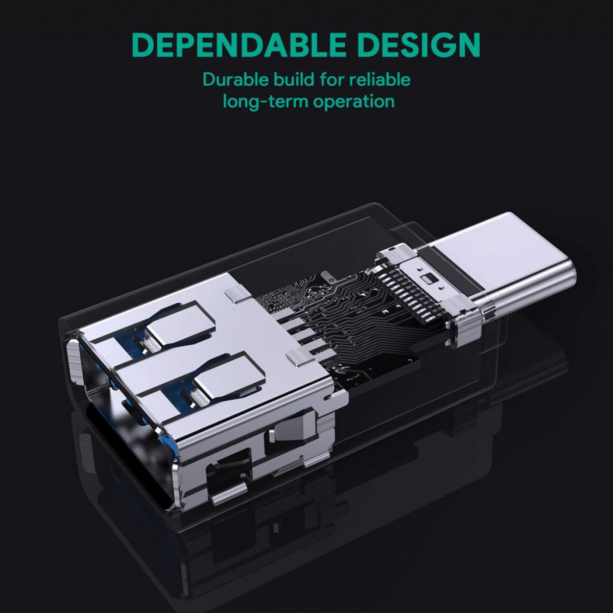 Ein USB-C-Adapter. Er hat ein klares Kunststoffgehäuse. Text: 'Dependable Design'.