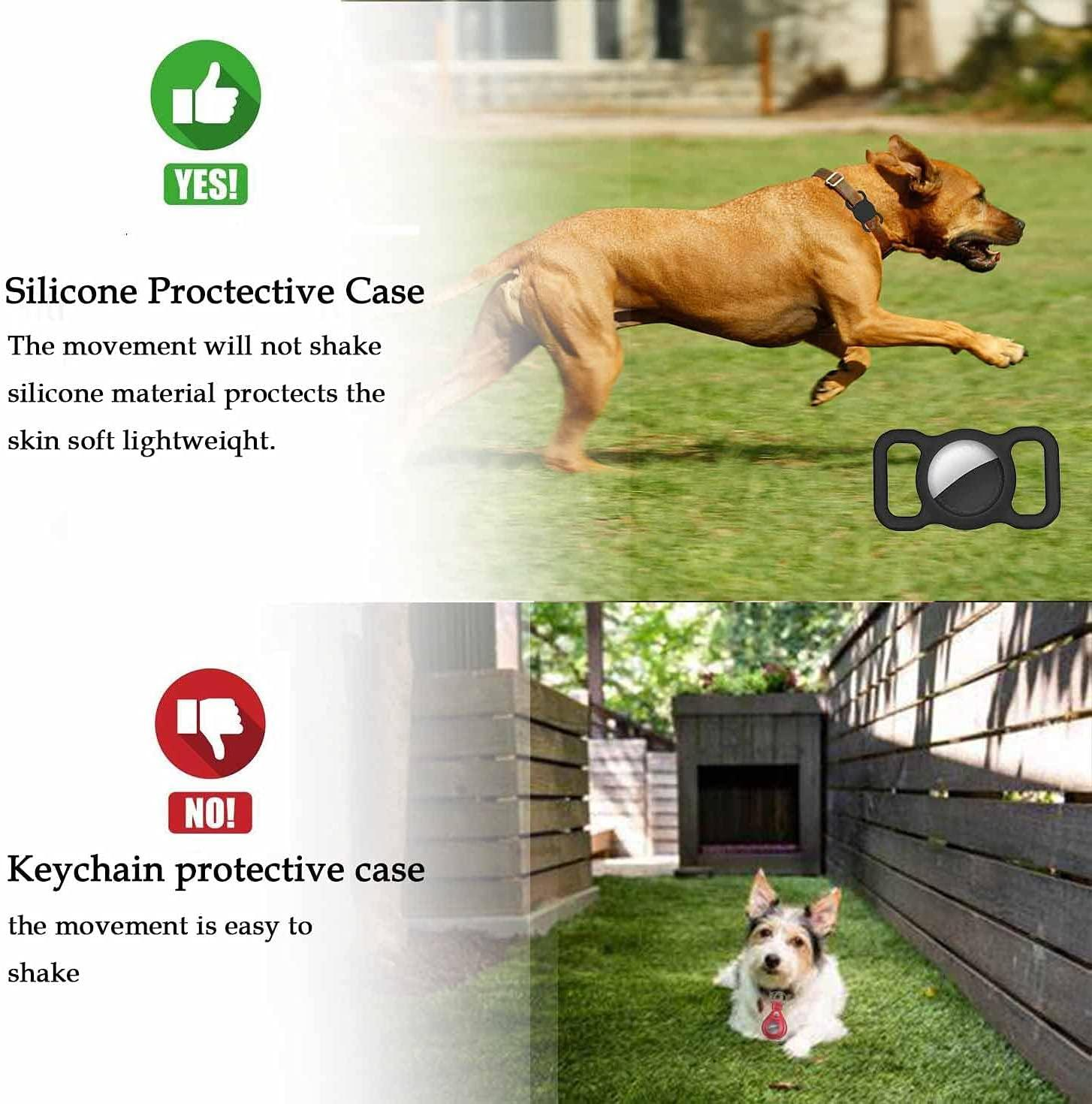 Hund rennt. Eine Silikonhülle und eine Schlüsselanhängerhülle für ein AirTag werden gezeigt. Text zeigt die Effekte.