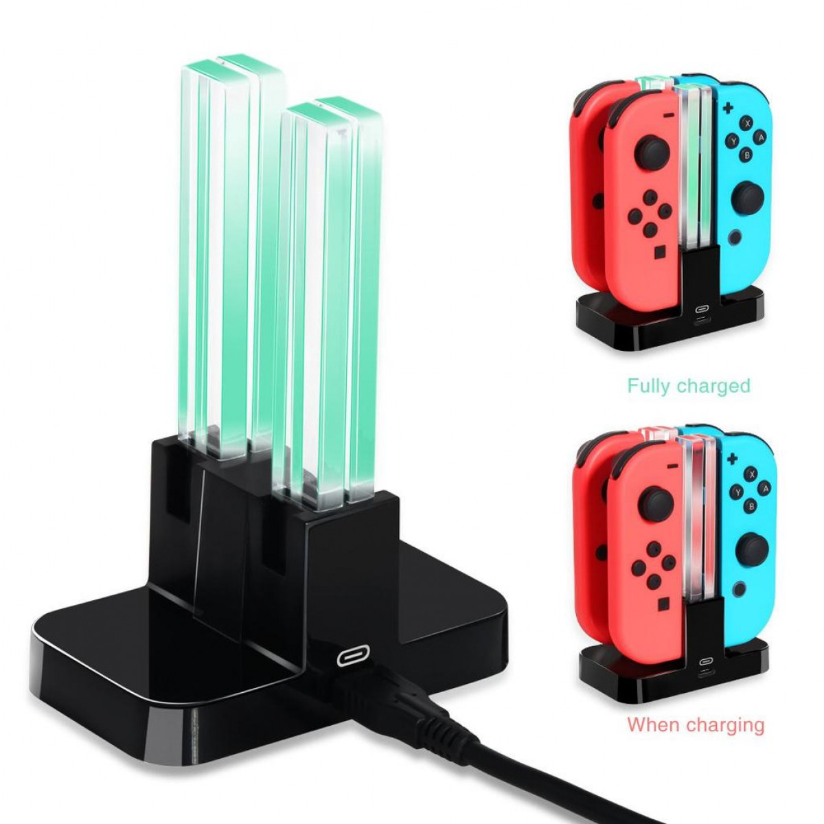 Station de recharge avec manettes Nintendo Switch, rouge/bleu. Affiche 'Fully charged' et 'When charging'.