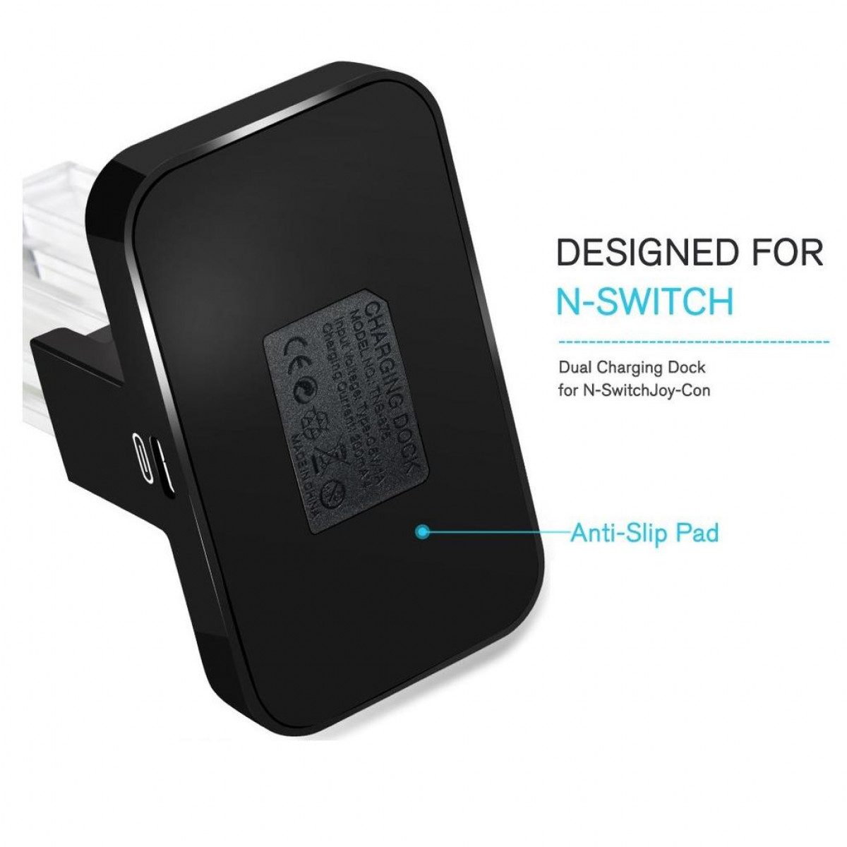 Station de charge noire pour manettes Joy-Con Nintendo Switch. Coussinet antidérapant et marque.