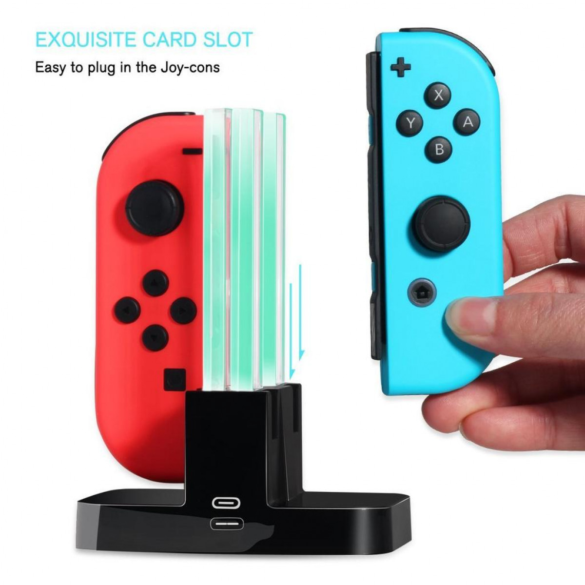 Station de recharge Joy-Con avec manettes rouges et bleues.