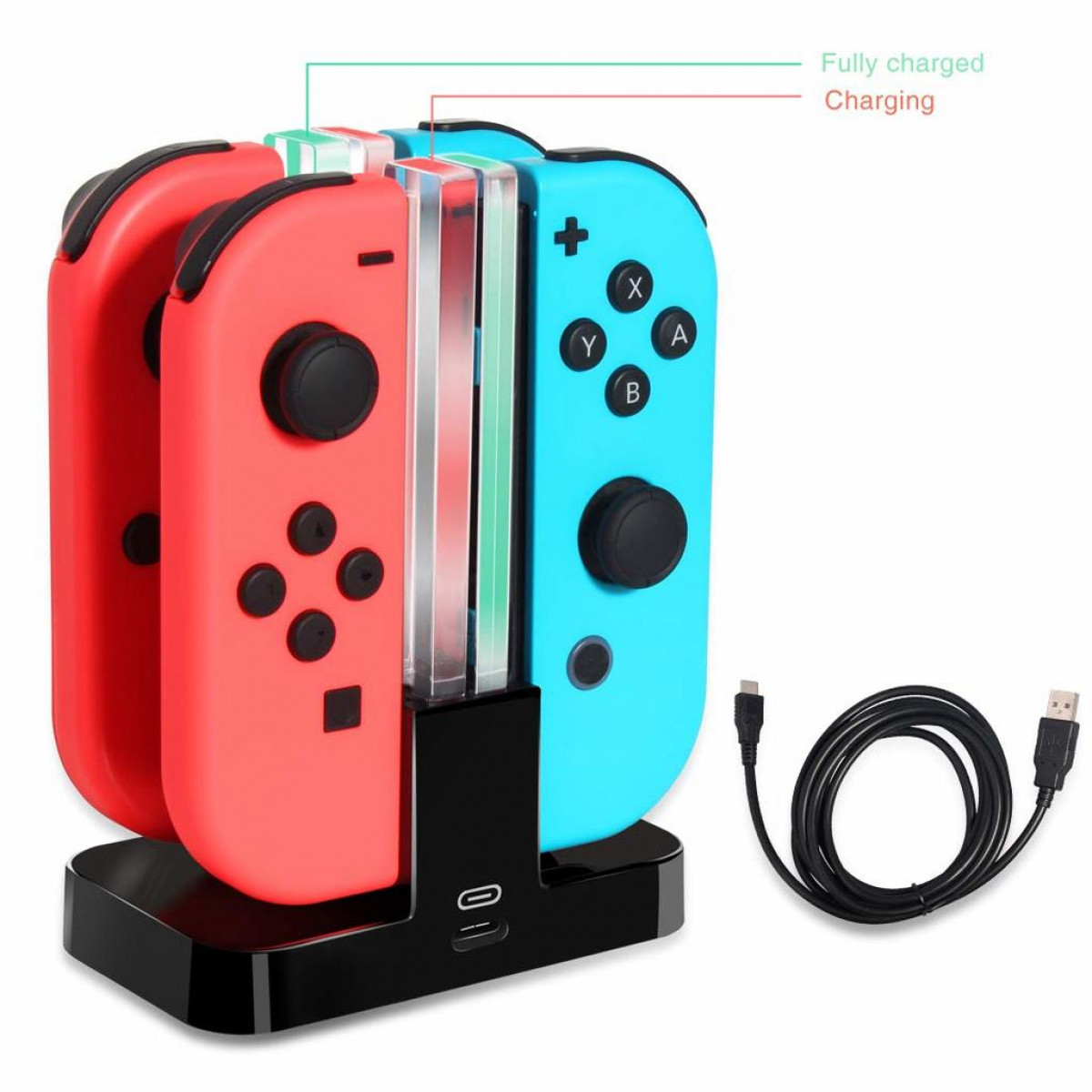 Station de recharge Joy-Cons Nintendo Switch avec contrôleurs rouges et bleus et câble USB.