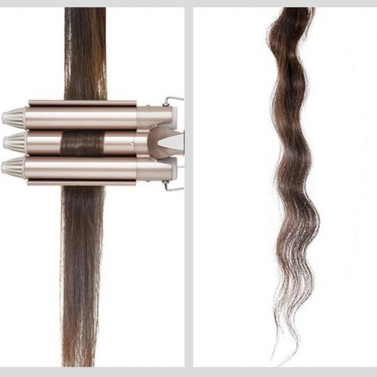 Urządzenie do falowania włosów i próbka falowanych włosów.