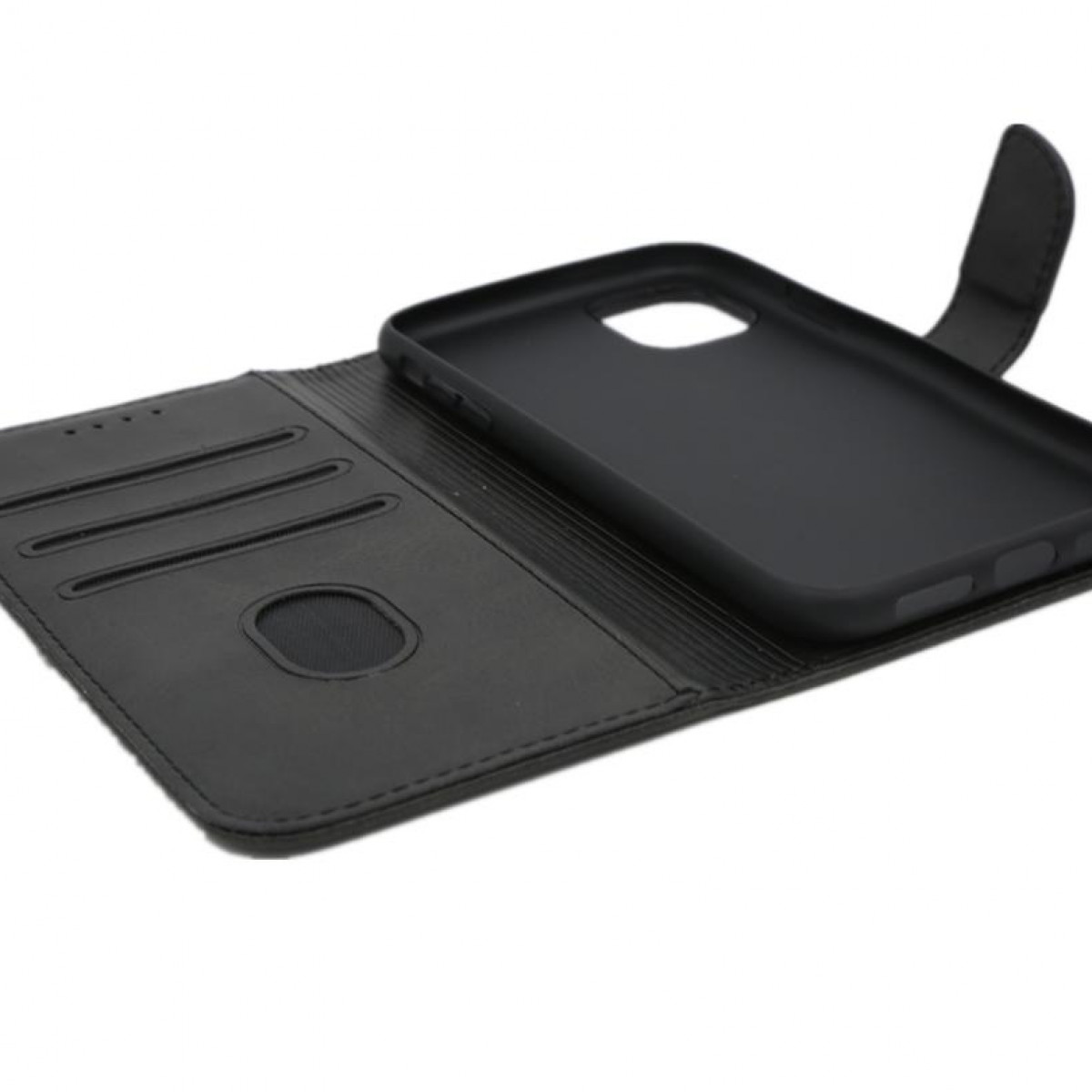 Custodia per telefono nera, aperta, che rivela uno slot per telefono e slot per schede, su sfondo bianco.