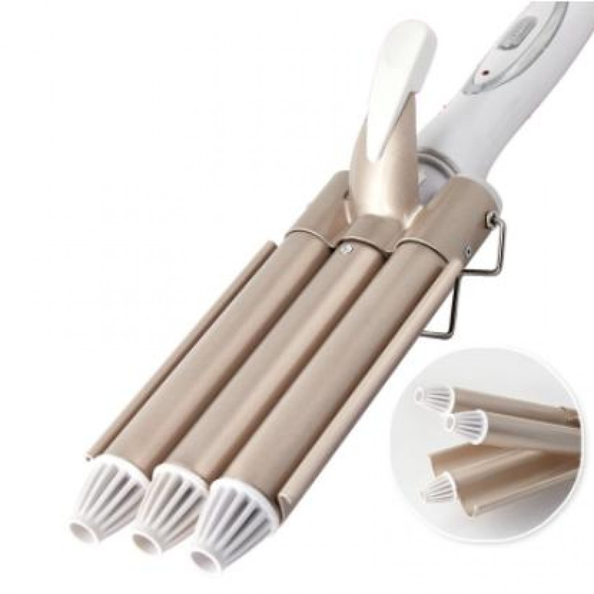 Złota lokówka z trzema lufami. Małe kółko pokazuje kształt luf.