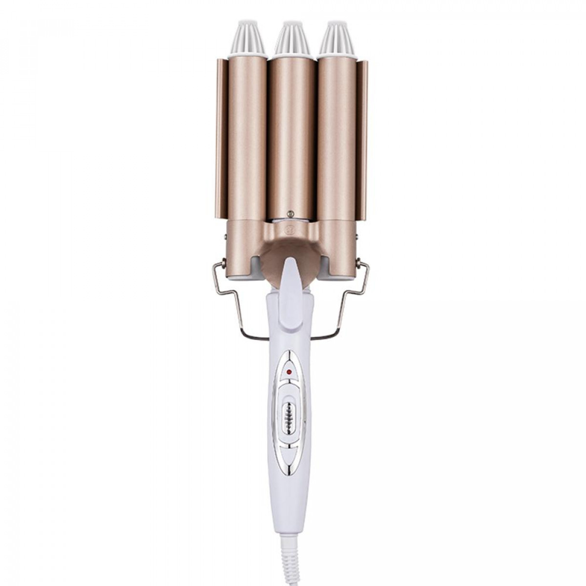 Złota lokówka z trzema lufami. Biały uchwyt z przyciskami sterowania.