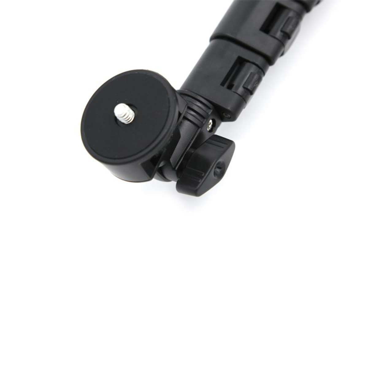 Czarny uchwyt do aparatu ze śrubą i pokrętłem, na białym tle.