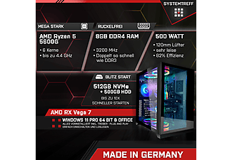 SYSTEMTREFF Gaming Komplett, Komplett PC mit 5600G Prozessor, 8 GB RAM, 512 GB mSSD, 500 GB HDD, AMD Radeon RX Vega - 7 Core, 4 GB
