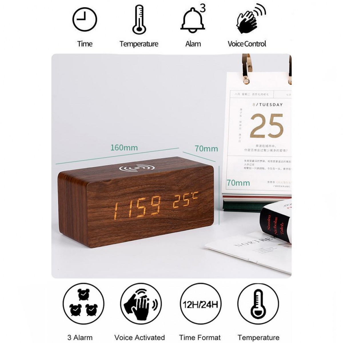 Drewniany zegar cyfrowy z godziną i datą. Wyświetlane ikony czasu, temperatury, alarmu i sterowania głosem.