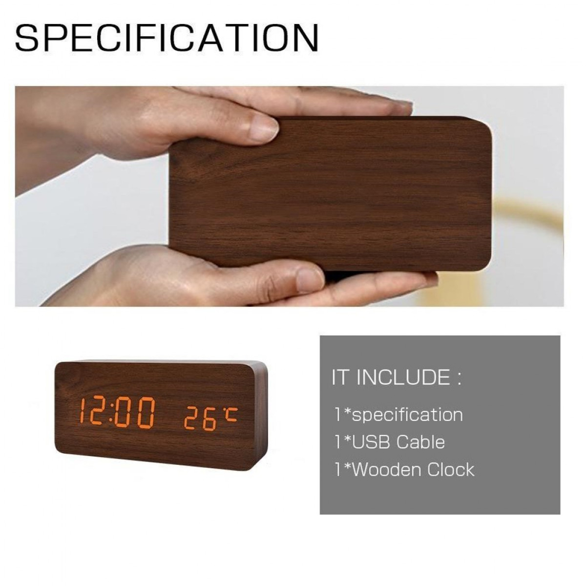 Drewniany zegar cyfrowy i drewniane pudełko. Zegar wyświetla godzinę i temperaturę. Zawiera kabel USB.