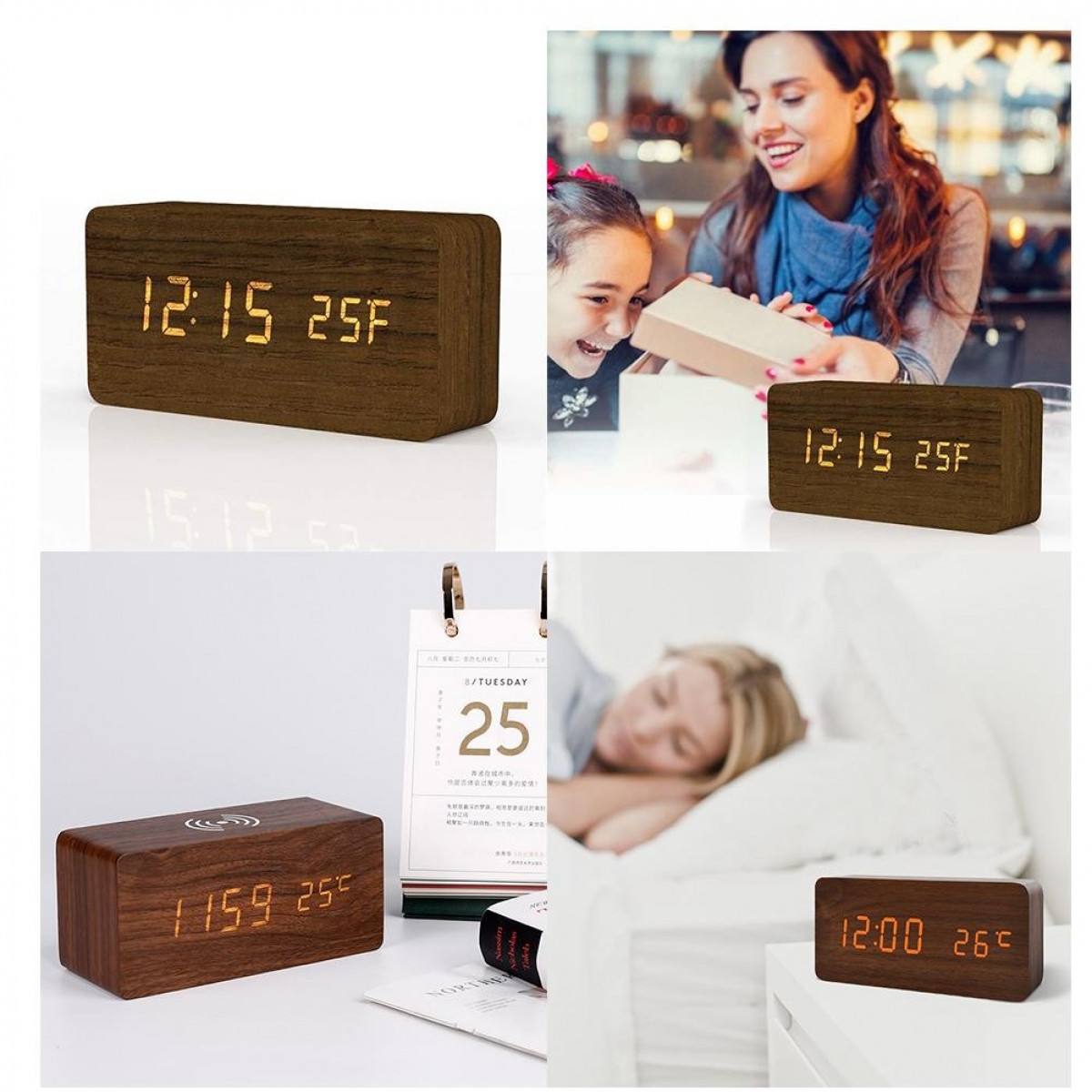 Różne obrazy przedstawiające drewniany zegar cyfrowy. Zegar pokazuje godzinę i temperaturę.