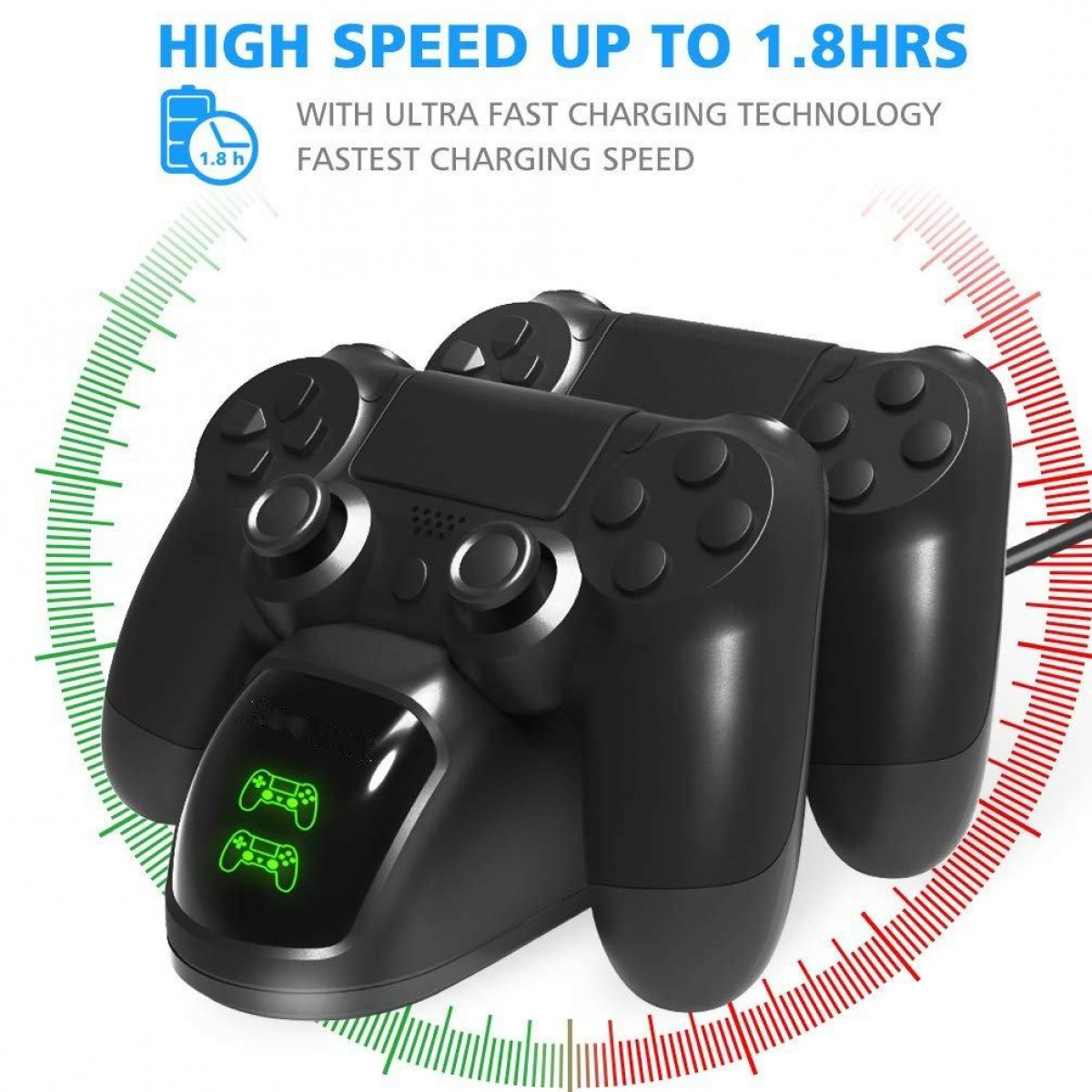 Czarna stacja ładująca z dwoma kontrolerami, tekst o szybkim ładowaniu na białym tle.