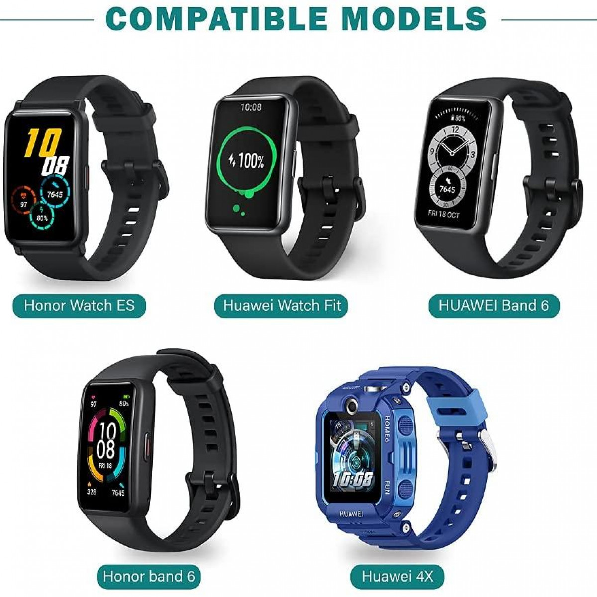 Pięć smartwatchy o różnych wzorach. Każdy ma markę i nazwę modelu.